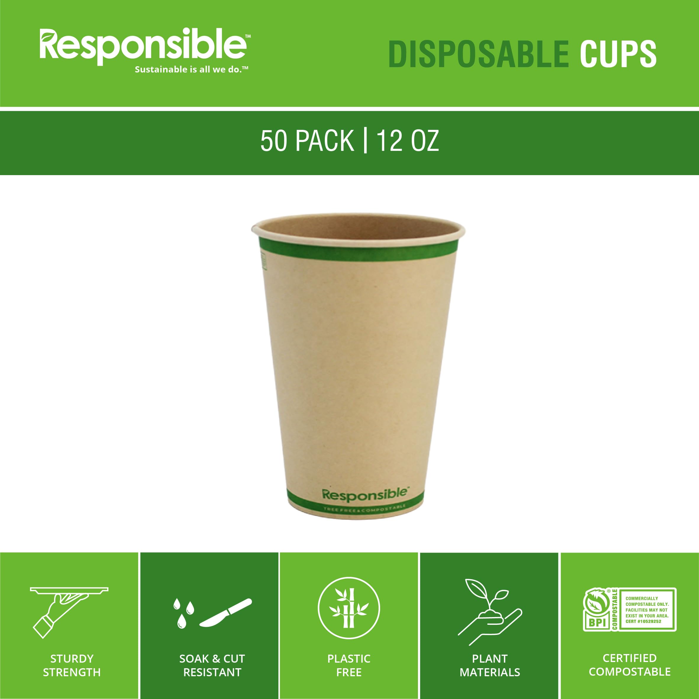 Responsible Products Vasos de papel compostables certificados de 12 onzas, tazas de café frío y caliente, vasos de papel desechables, vasos desechables extra resistentes, fabricados sin PFAS (50