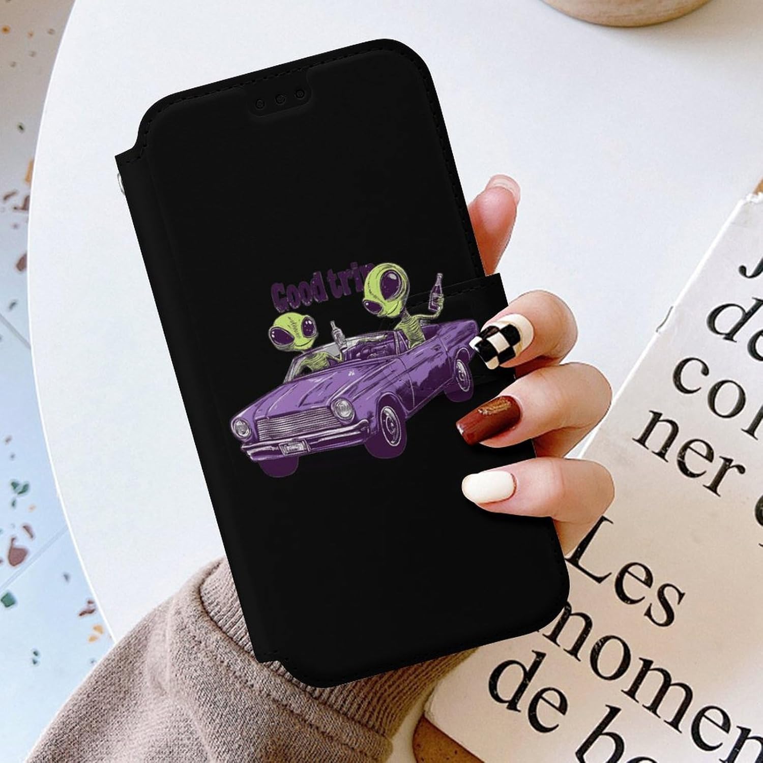 Aliens in Vehicle Trip Compatible with iPhone 16/16 Plus/16 Pro/16 Pro Max/16 E Case Phone Wallet Card Holder Flip Cover with Wrist Strap