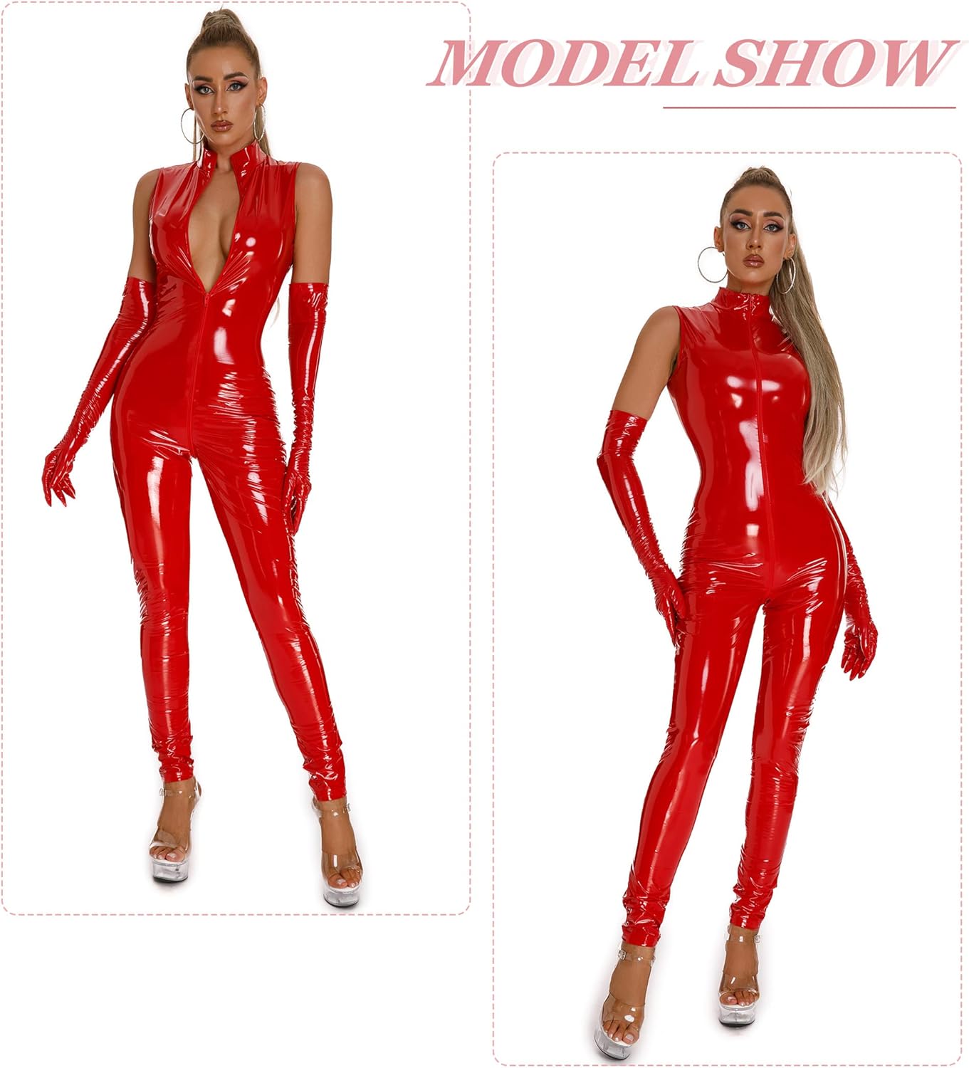 Panegy Women's Metallic Leotard Mesh Front Leather Bodysuit Jumpsuit with Chains