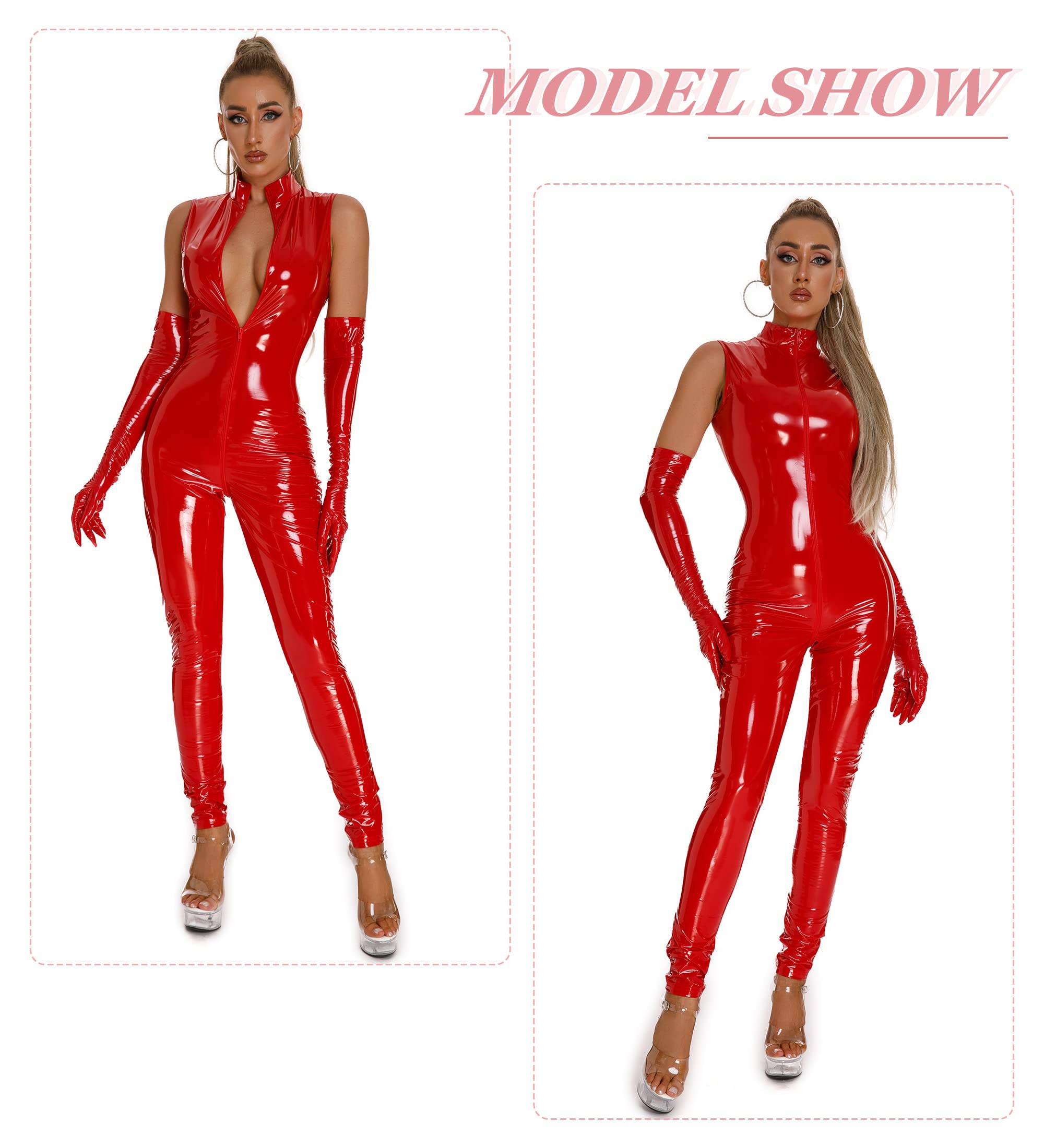 FEOYA Mono de Cuero para Mujer Mono Largo Bodysuit Ropa de Noche CLUB Disfraces Catsuit Catwomen con Cremallera Frontal