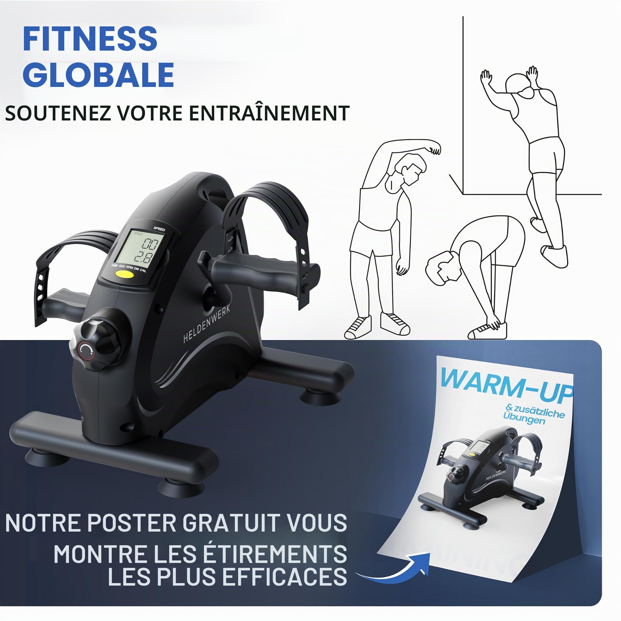 HELDENWERK Kit d'entraînement au pédalier - Certifié TÜV/GS avec sangle de fixation et tapis antidérapant - Entraîneur des bras et des jambes pour la maison - Pédalier d'entraînement pour seniors
