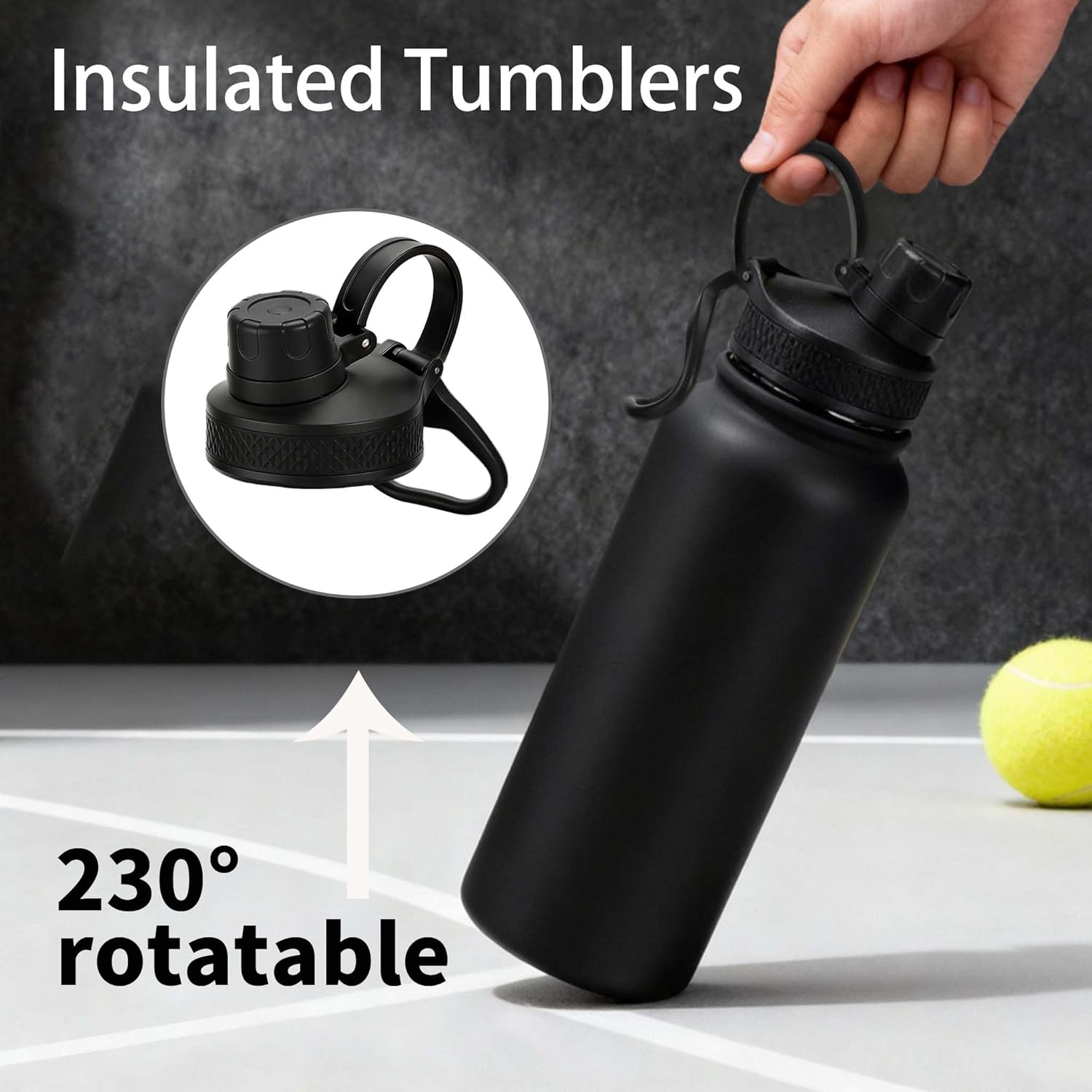 Insulated Water Bottle with Mug Brush, Steel Water Bottle, Leak-Proof, BPA-Free, Double Wall Vacuum Keeps Cold for 24 Hours for Sports, Travel (32 oz, Black)