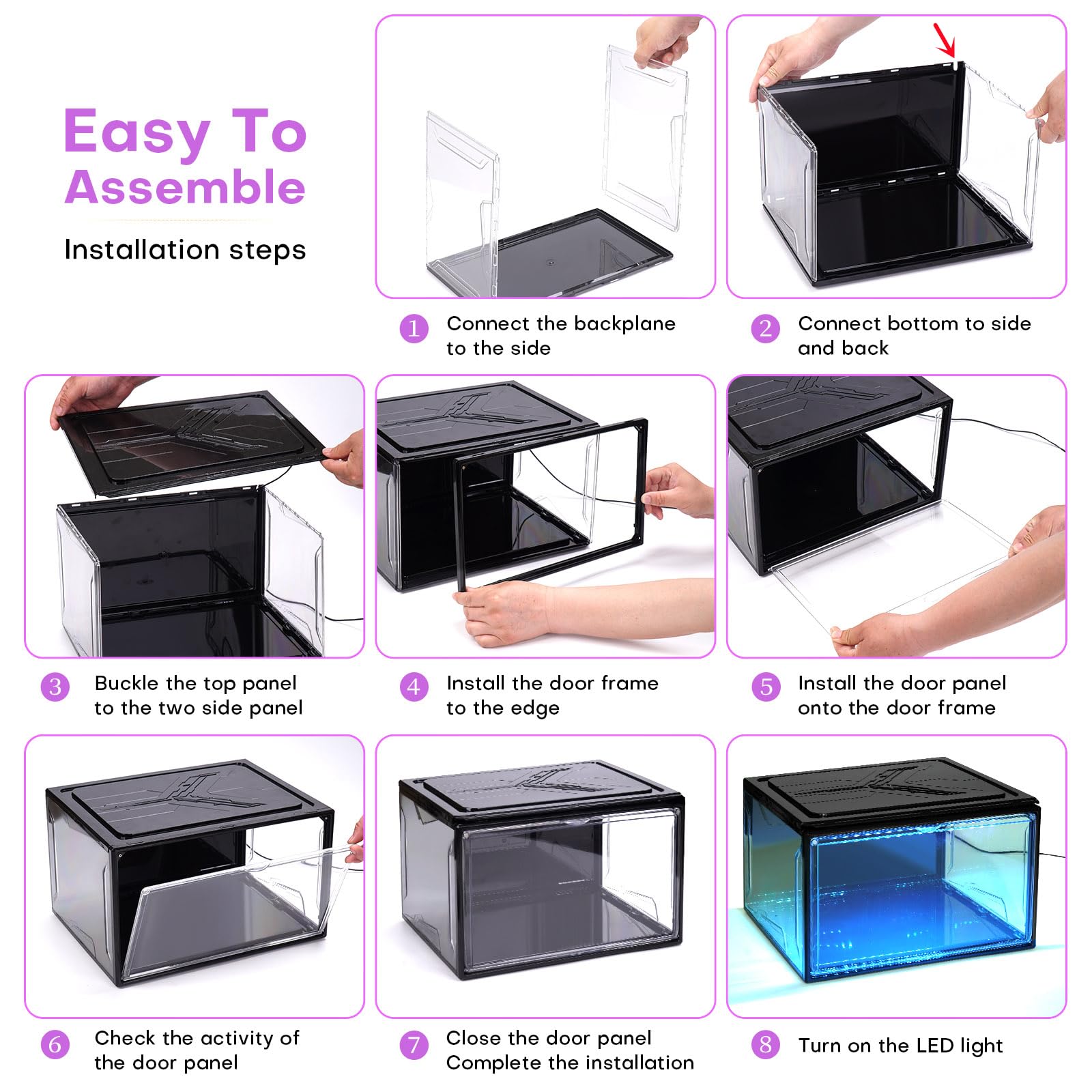 Oltraman Organizer per scarpe per armadio, scatole per scarpe pieghevoli, confezione da 2, contenitori impilabili in plastica trasparente, supporto magnetico per scarpe da ginnastica con luci a LED