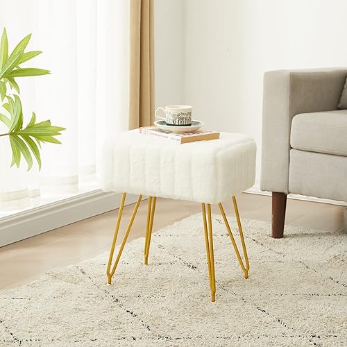 Miniatura 3 de Taburete de tocador, silla de piel sintética suave, taburete de maquillaje con 4 patas de metal y pies dorados ajustables, reposapiés otomano gris