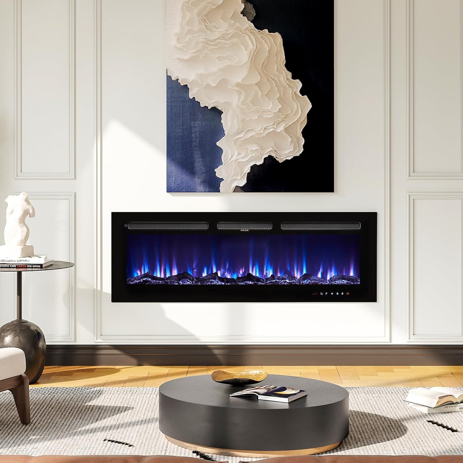 Electric Fireplace, 50 inch Wide Recessed/Wall Mounted Electric Fireplace, Remote Control with Timer, 12 Adjustable Color Flame, Log Set & with Crystal Stone, 750/1500W