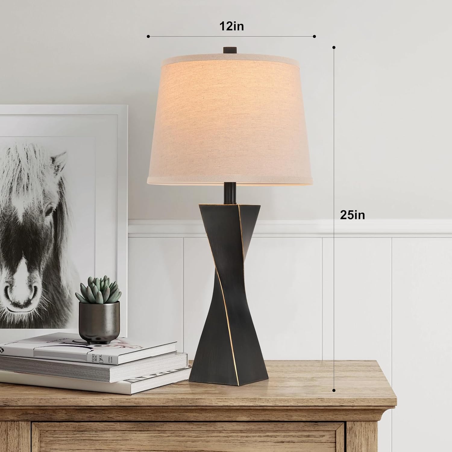 Bedside Lamps Set of 2 Unique Modern Vintage Table Lamp Rustic Farmhouse Desk Lamps for Living Room End Tables Bulb Not Included, Linen Shade, 26.5 in,Black Gold