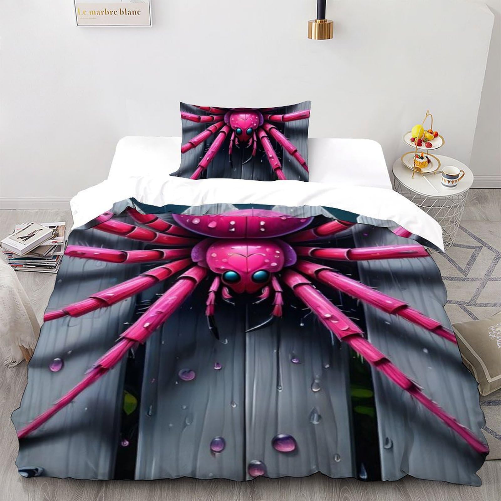 Parure de couette araignée rose 135x200cm lit single microfibre imprimé animaux 3D