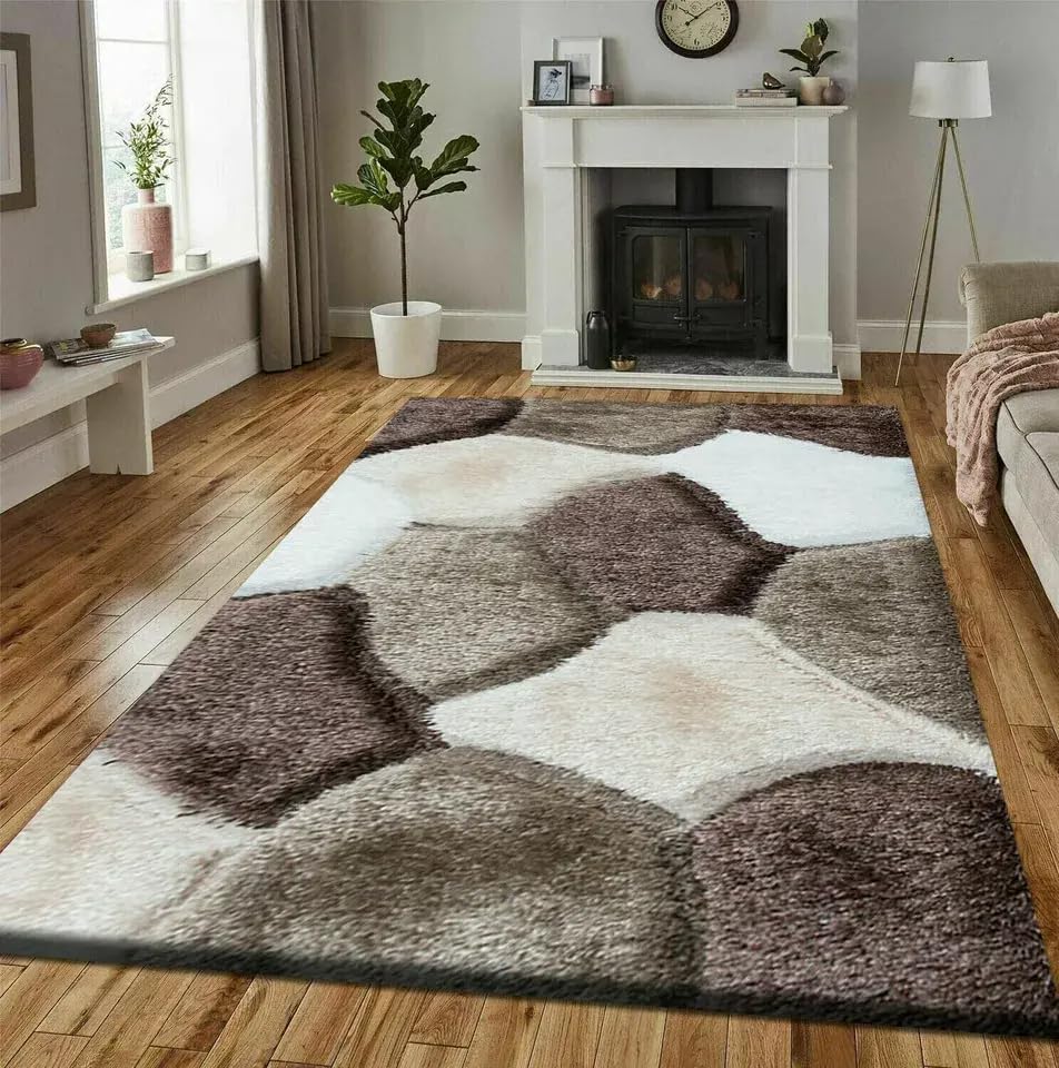 Online Bedding store Area Rugs – luxury Beautiful Pona Shaggy Modern Area Rugs - 3D Design carpet for hallway Non Slip Rug (Brown-Beige, 80 x 150 cm)