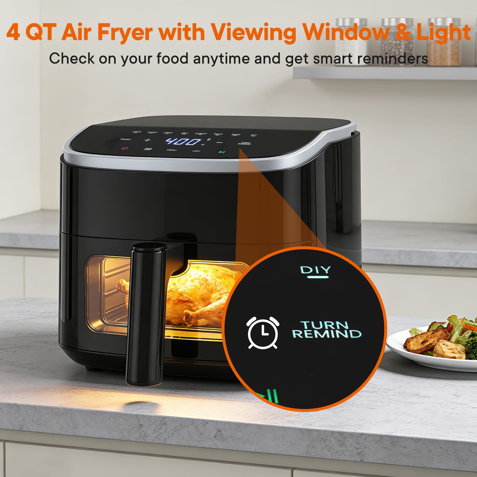 OLIXIS 3QT Air Fryer, Small Air Fryer with Digital PP Touch Panel, 400℉ Max Temp, Overheat Protection and Auto Shut-off, Nonstick and Dishwasher Safe Basket for Roast, Bake, Broil, Reheat, Black view 2