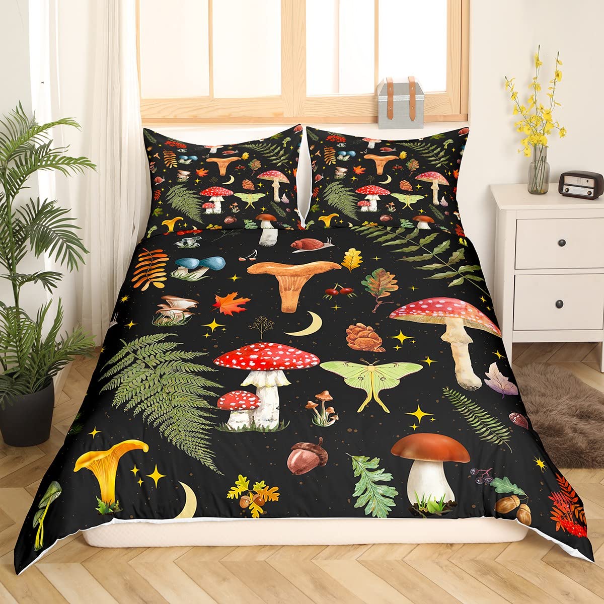 richhome Mushroom Duvet Cover Lovely Cartoon Jungle Wild Plants Bedding Set for Kids Teens Adults Glitter Stars Outdoor Leaves Rustic Style Comforter Cover with 2 Pillowcases Super King Size 3 Pcs - Image 3