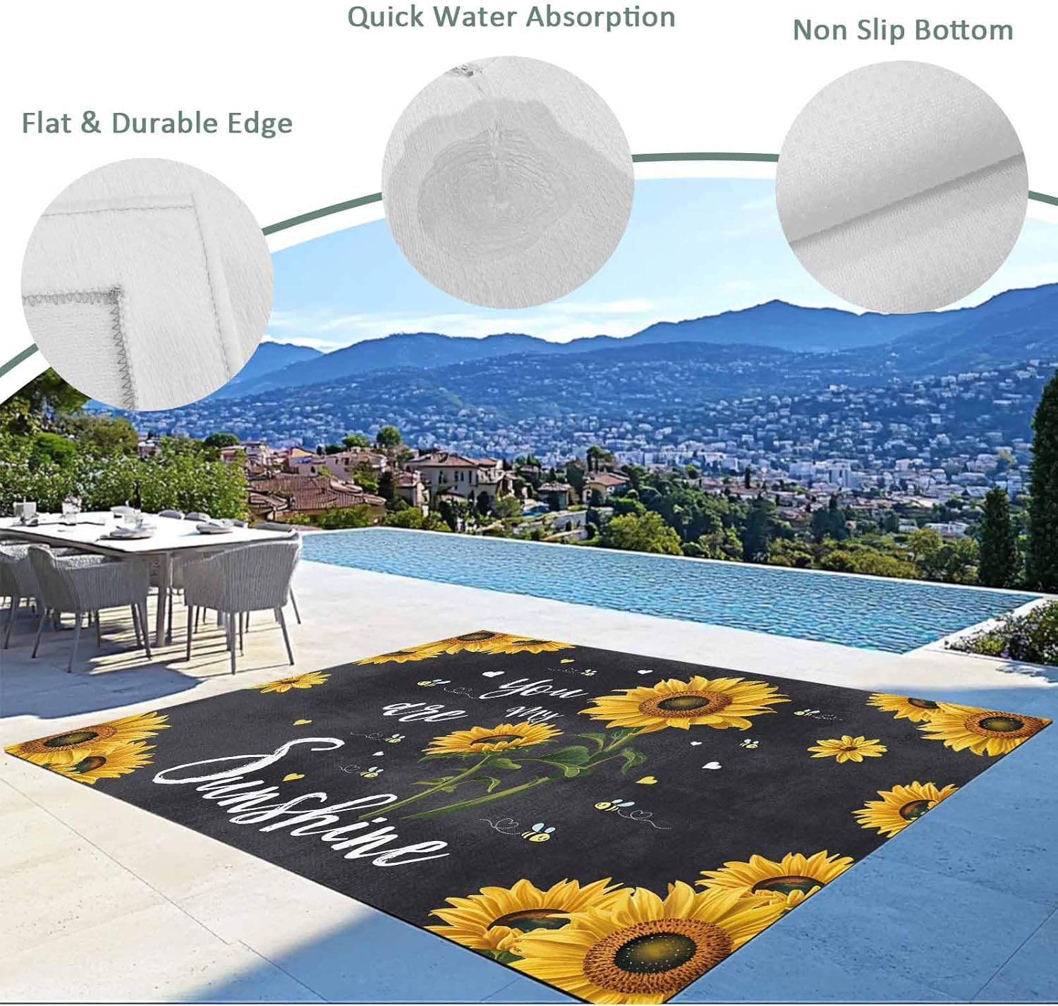 Outdoor Rug 4x6 ft Yellow Sunflower Bees Outdoor Large Area Rug Non Slip Rubber Floral Black Washable Front Door Mat RV Rug Camping Carpet Patio Outdoor Rugs for Backyard Balcony Deck Porch Indoor