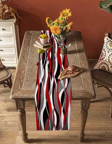 Miniatura 5 de Camino de mesa de lino de algodón  48 pulgadas de largo, rojo, negro y gris, bufandas de tocador, moderno blanco Moire geométrico, arte abstracto,