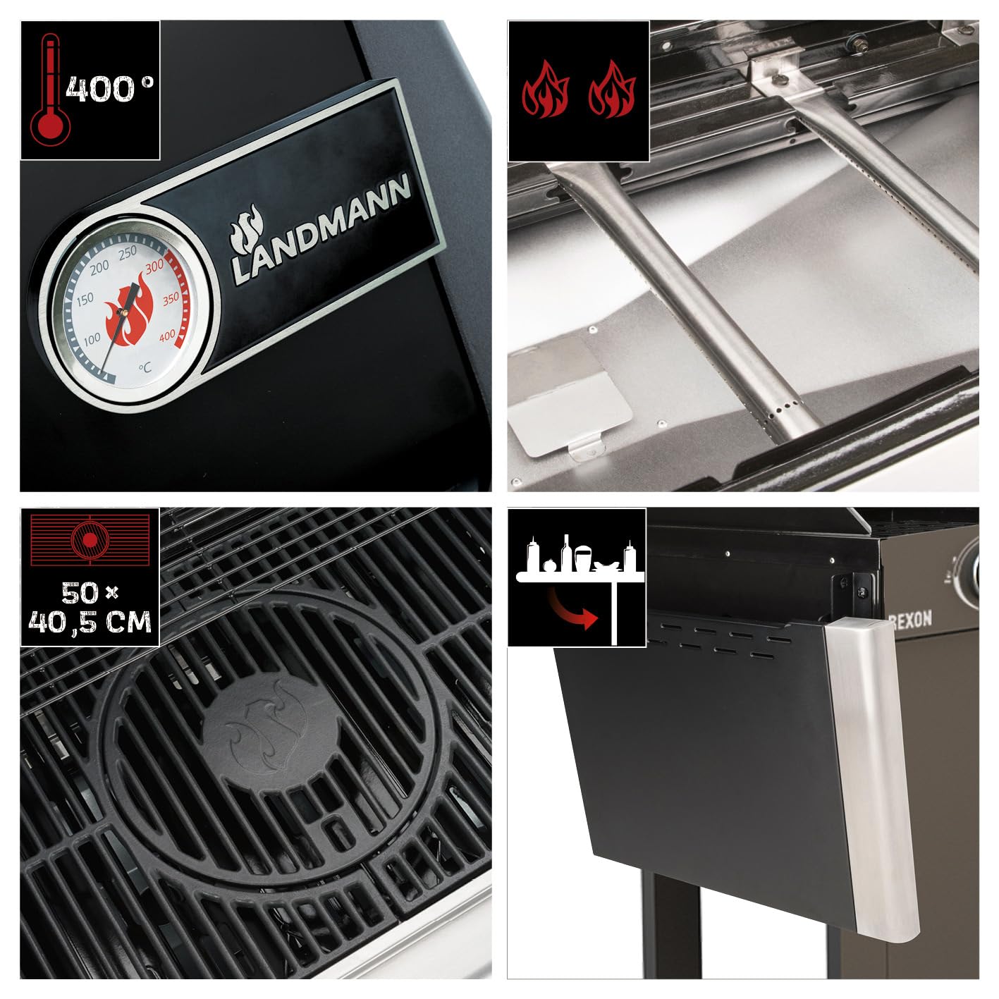Landmann Rexon PTS 2.0 Gasgrill | 135 cm | 2 stufenlos einstellbare Edelstahlbrenner | Doppelwandiger Deckel mit Thermometer [schwarz]