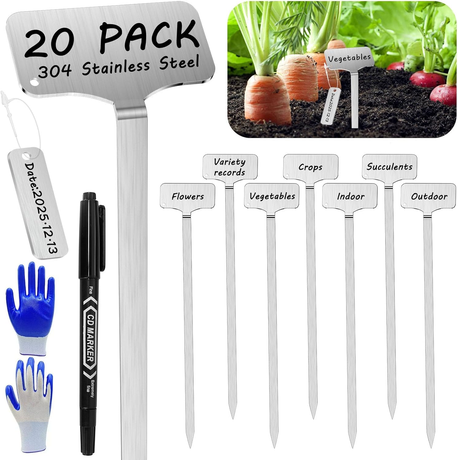 304 Stainless Steel Plant Markers, 20 Waterproof Metal Plant Label Stakes with 20 Tag Buckles & Marker Pen, 12.75" Garden Markers for Outdoor Indoor Plants Identification.