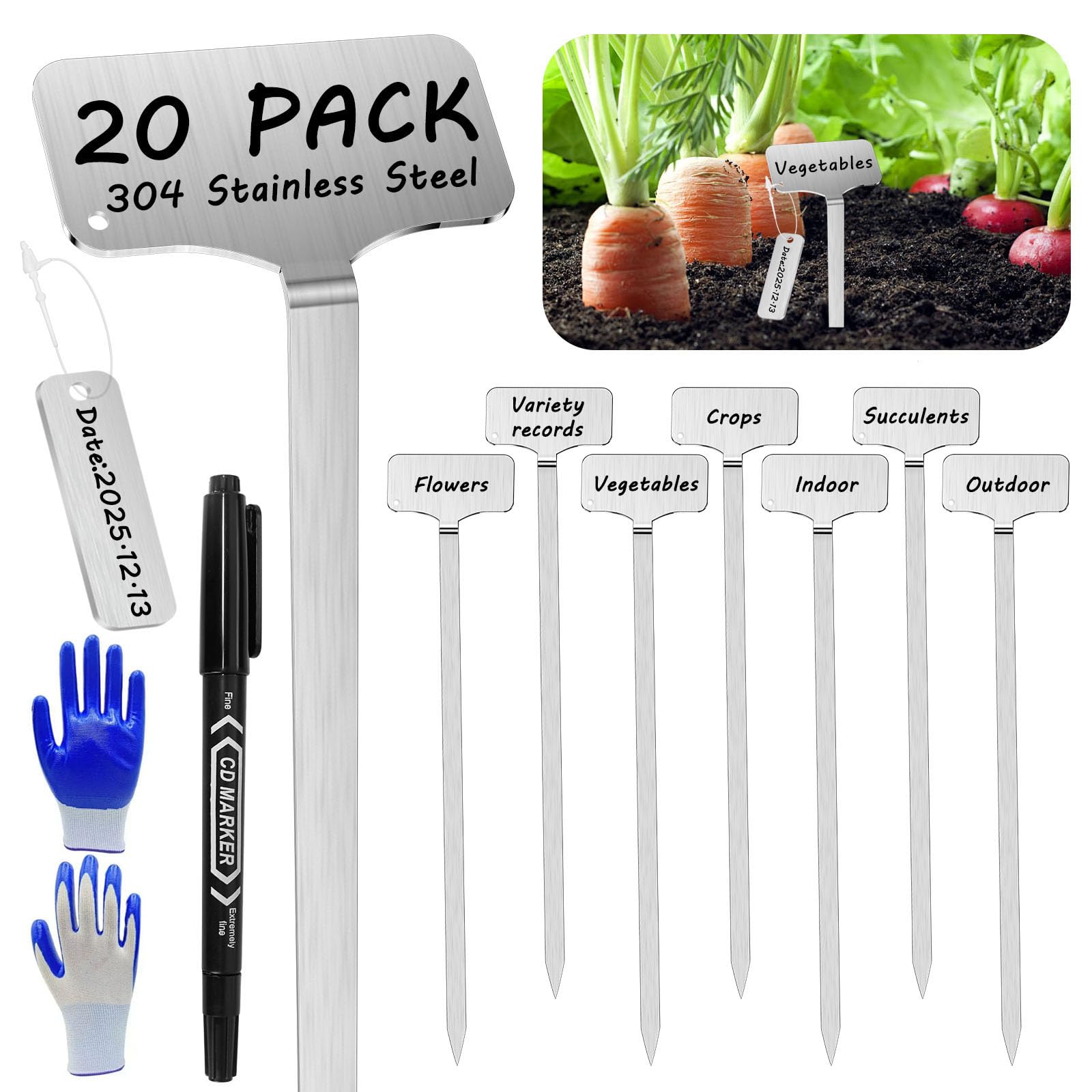 Marqueurs de plantes en acier inoxydable 304, 20 piquets en métal étanches avec 20 boucles d'étiquettes et un marqueur, marqueurs de jardin de 32,4 cm pour identification des plantes