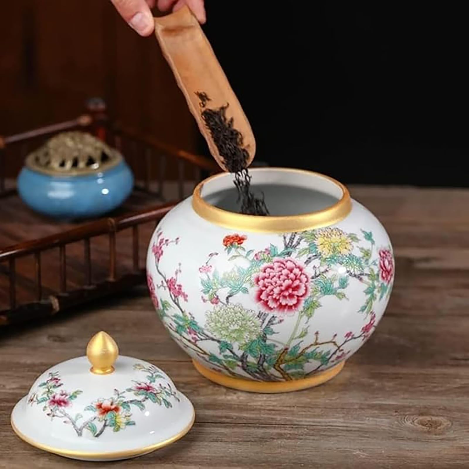 Ozdobny ceramiczny słoik na imbir w stylu vintage, tradycyjny chiński pojemnik na herbatę z pokrywką, dekoracyjny porcelanowy pojemnik do przechowywania, idealny do sypialni lub kuchni.(A)