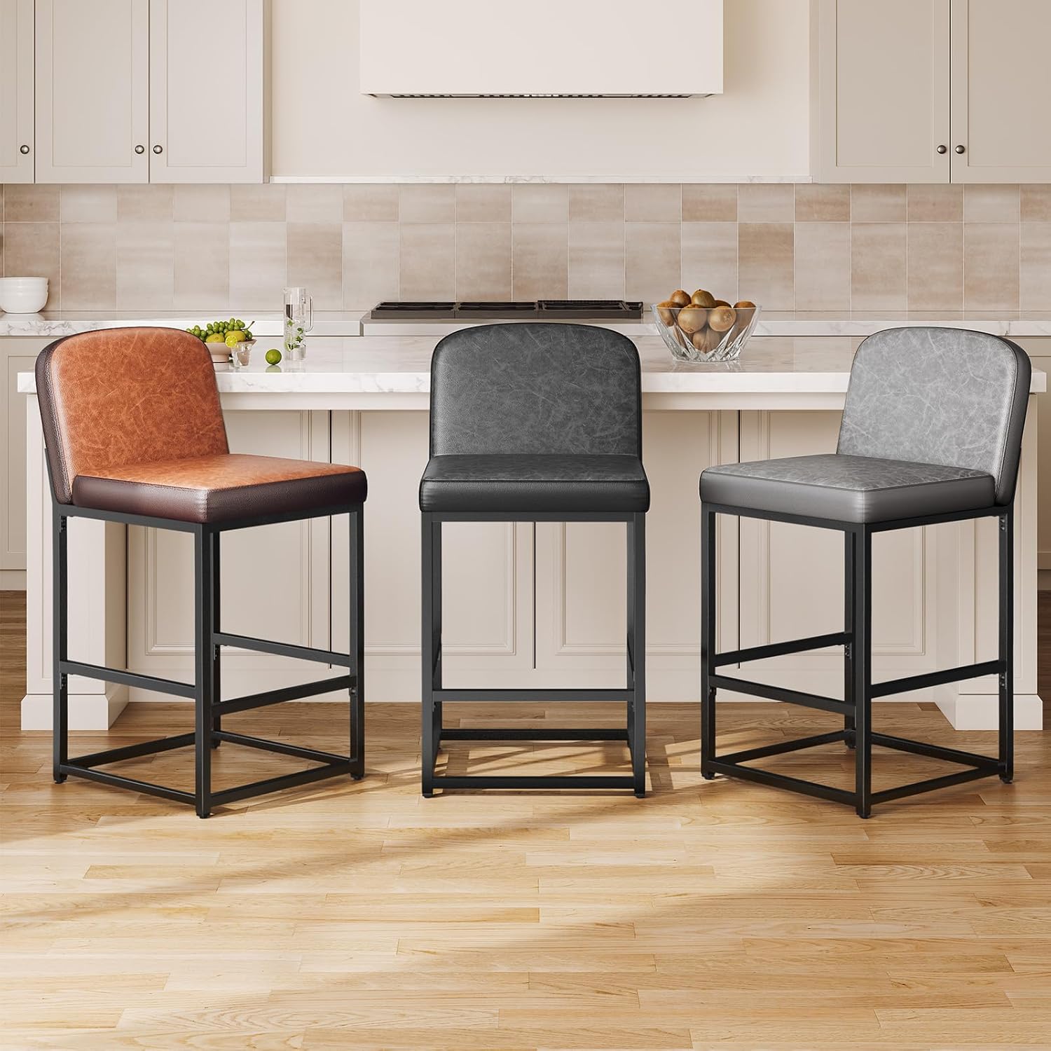 Raynesys 26" Bar Stools Set of 2, Upholstered Barstools with Back for Kitchen Island, Bar, Faux Leather Counter Height Stools with Firm Padded Seats & Sturdy Metal Bases, Simple Assembly, Brown, 2Pcs