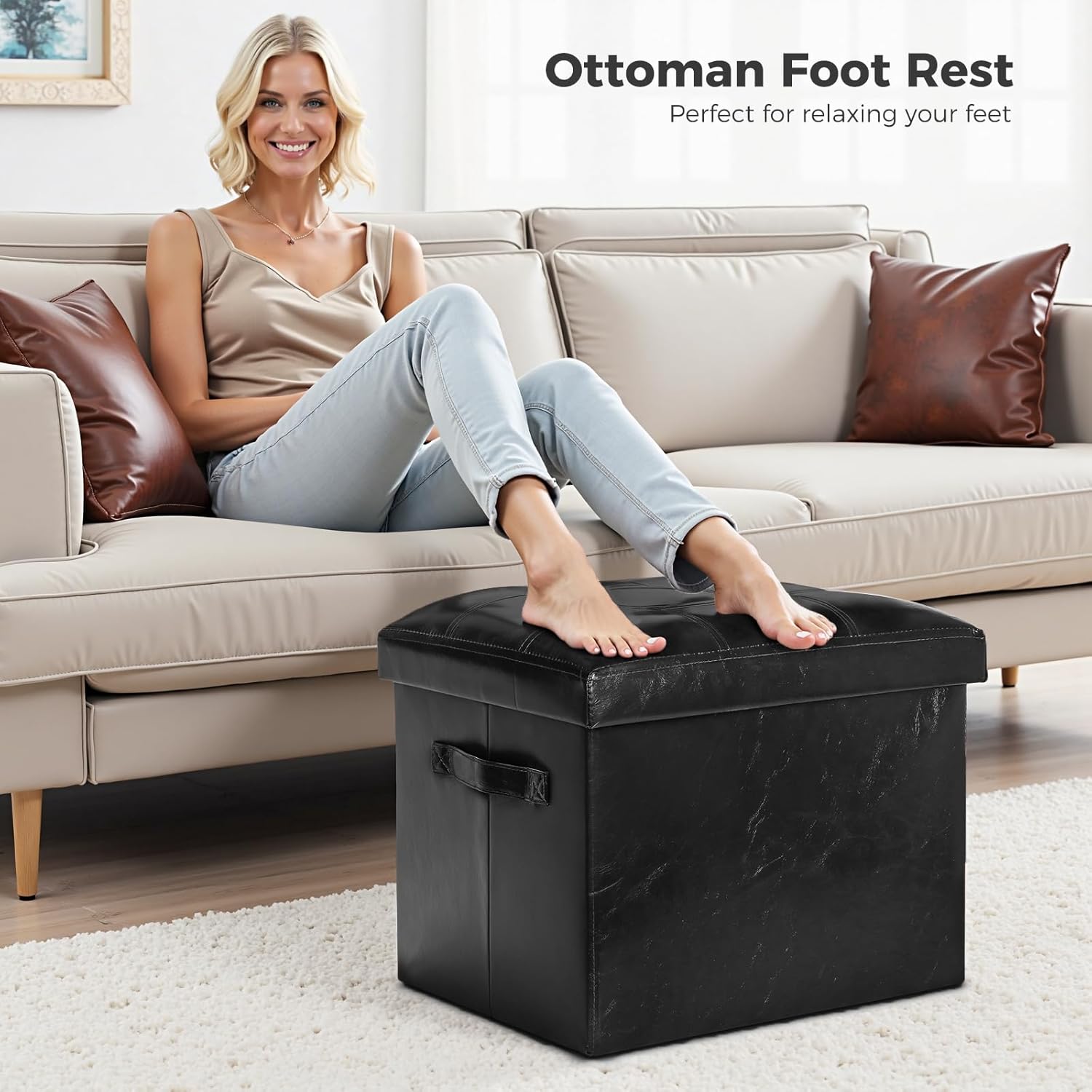 Storage Ottoman Footrest Stool. Foldable Oil Waxed Leather Footstool with Thicker Foam Padded Seat. Small Ottoman with Storage Bench for Living Room Bedroom 350 lbs, 17x13x13in, Black. - Image 3