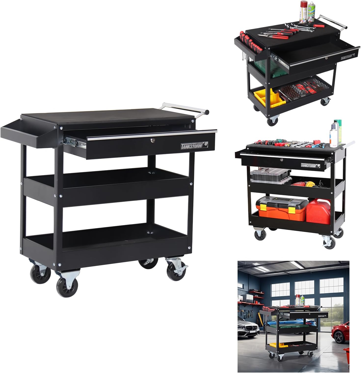 Service Tool Cart with Drawer 3-Tire Rolling, Industrial Commercial Service Cart Black Professional (TQ312)