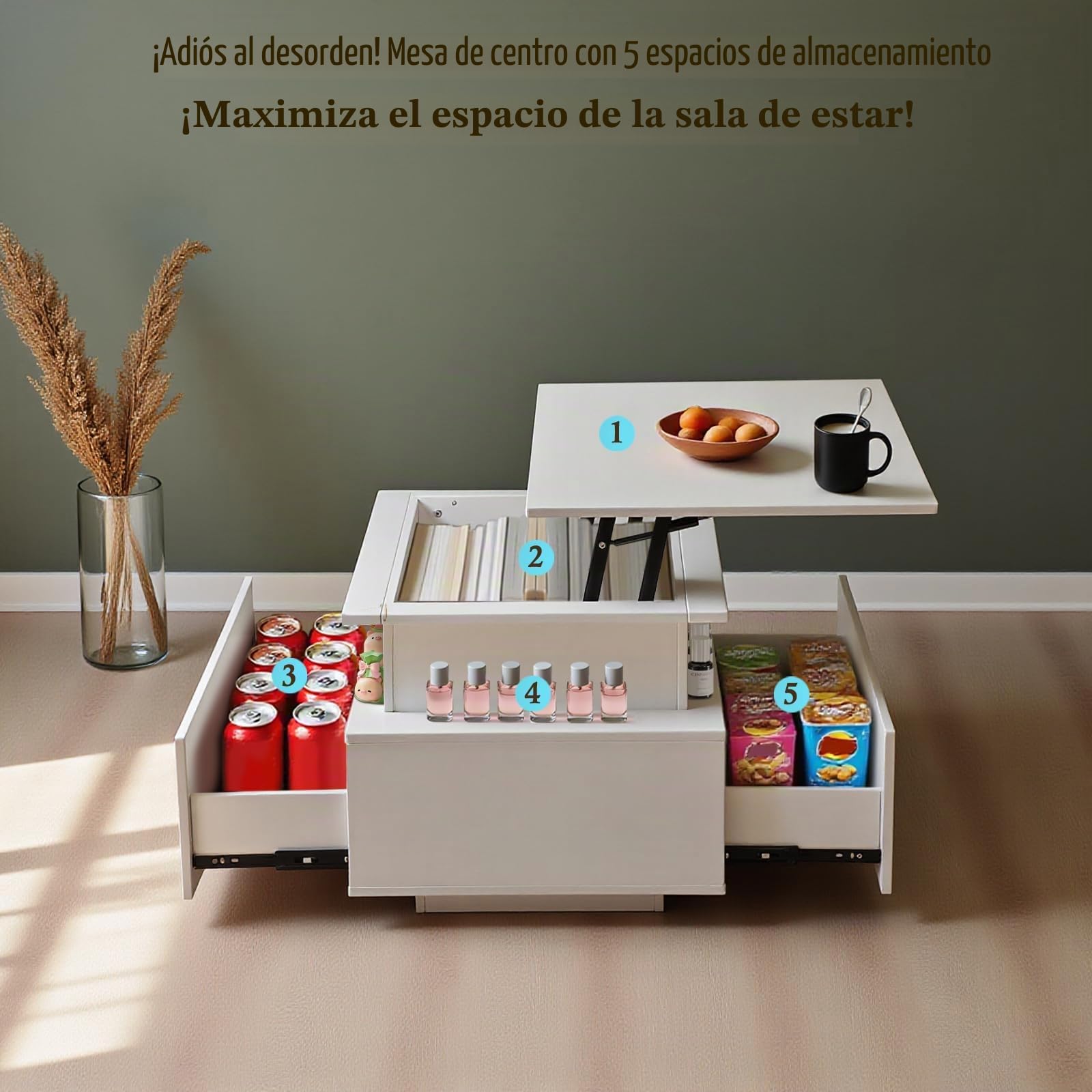 Mesa de Centro Regulable en Altura, Mesa de Salón Brillante Moderna, Mesa Elevable Salon Led, Estante Abierto y 2 Cajones, 85 x 50 x 45 CM, Blanco