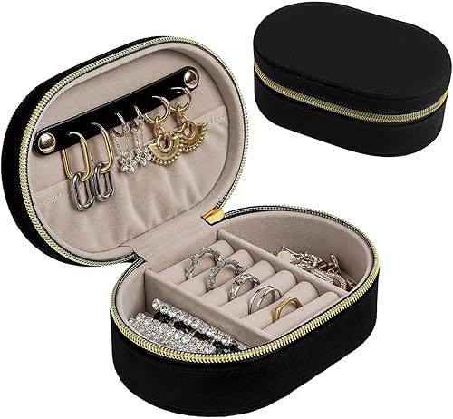 Changsuo Joyero de terciopelo de felpa para viajes, pequeño joyero para mujeres, organizador de viaje de joyería (ébano)