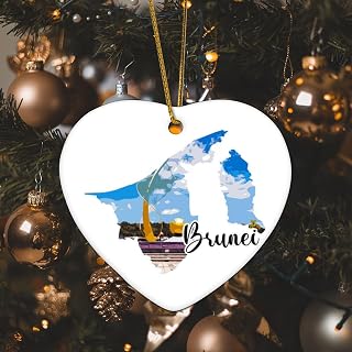 Brunei Xmas Ornament Travel City World Poster Multicolor Colorful Heart Christmas Tree Ornament Ceramic Circle Custom Modern Building Artwork Cityscape Christmas Bauble for Indoor Home Decor