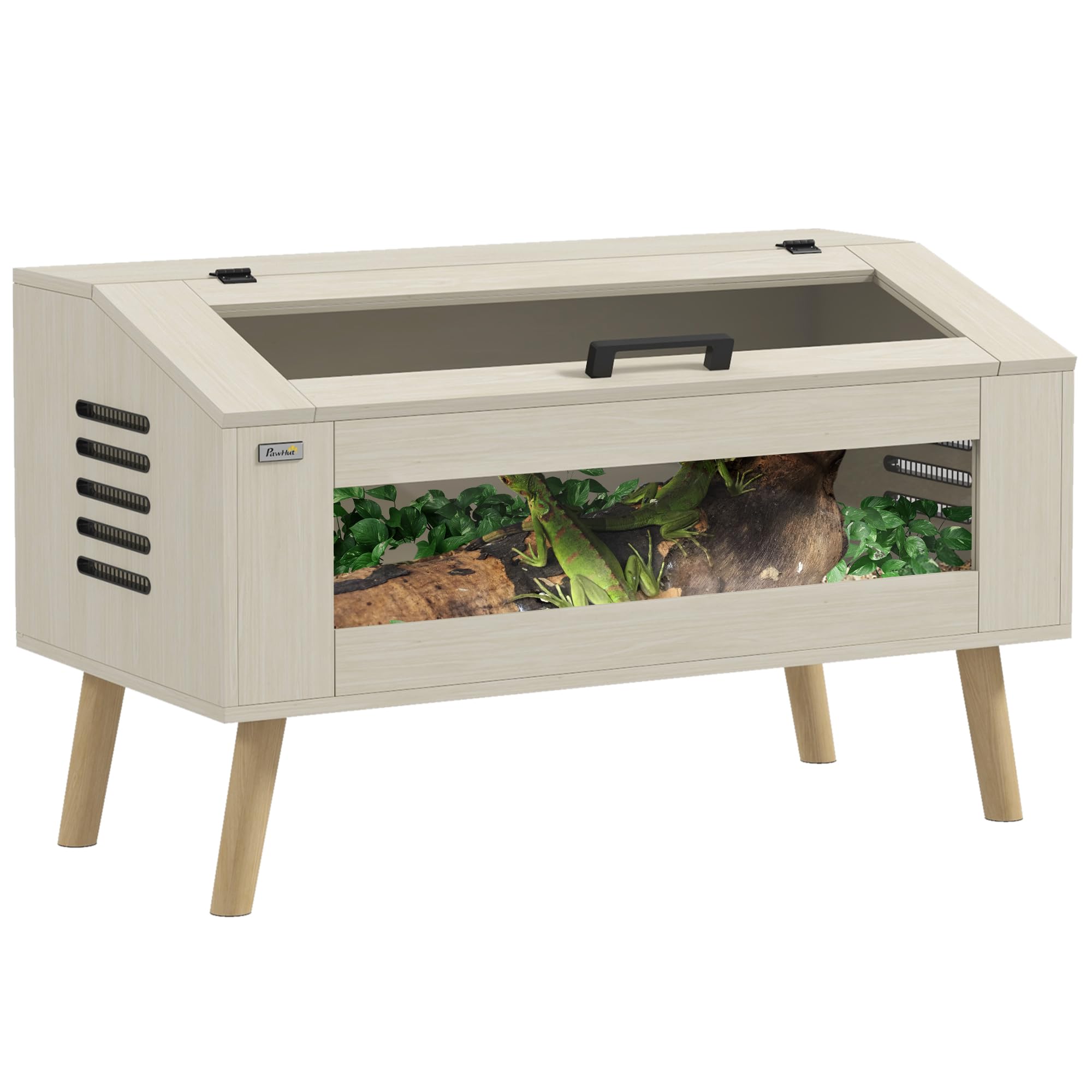 PawHut Terrarium für Reptilien, 100 x 50 x 60 cm 140L Reptil Fütterungsbox mit gehärteten Glasfenstern, aufklappbar Deckel, Beine, Aufzuchtbox für Amphibien, Spinne, Eiche