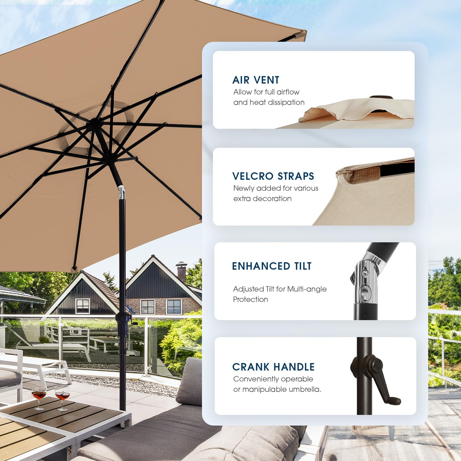 wikiwiki 9FT Patio Umbrella with Base, Outdoor Umbrellas with Base Included, 8 Sturdy Ribs, Waterproof Fade Resistant POLYESTER DTY Canopy for Deck, Lawn, Garden, Backyard & Pool, Tan : Patio