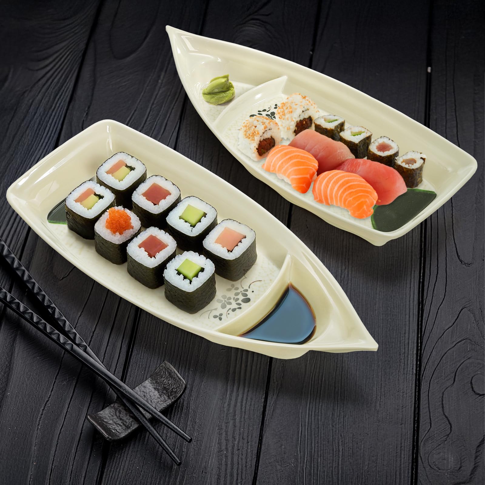 Paquete de 2 platos en forma de barco de sushi, bandeja para servir sushi sashimi, plato de plástico de melamina casi irrompible, apto para lavavajillas, 12.9 x 5.7 pulgadas 5