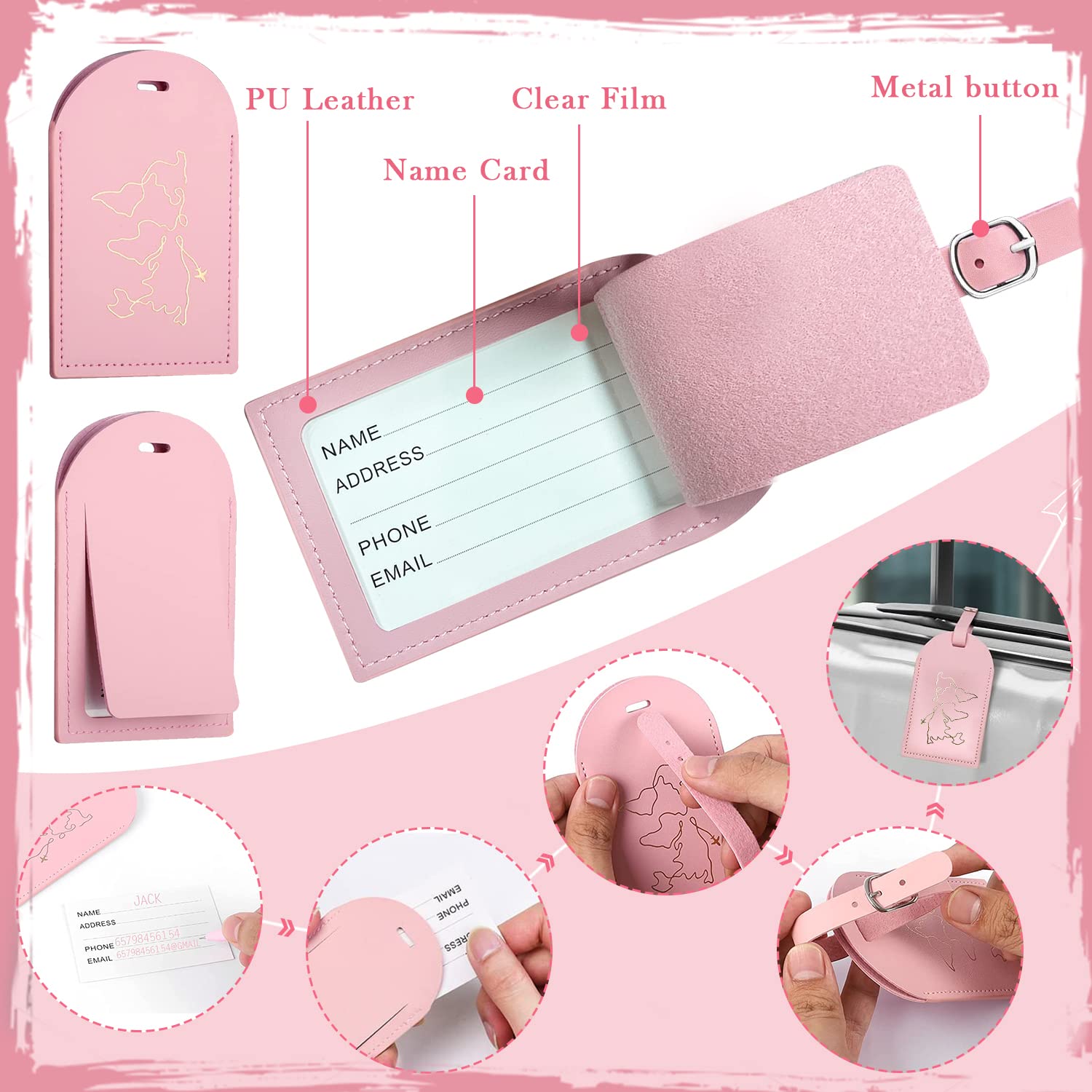 Set 2 Custodie Passaporto In Pelle PU + Etichette Valigie - Blu E Rosa - Foto 5