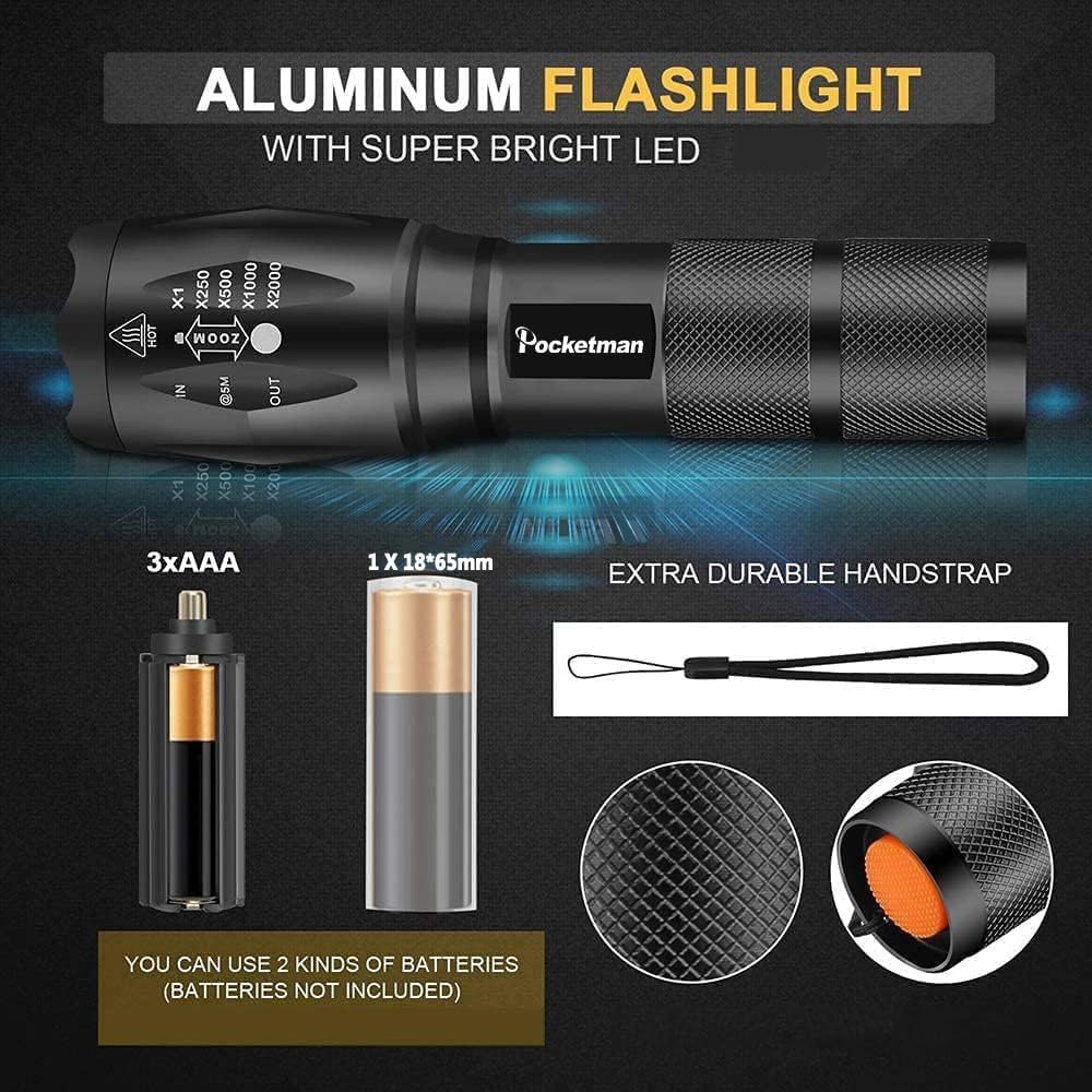 Pocketman High Lumens LED Flashlights Powerful Emergency Light Portable Outdoor Water Resistant Torch with 5 Modes for Home Outdoor Use