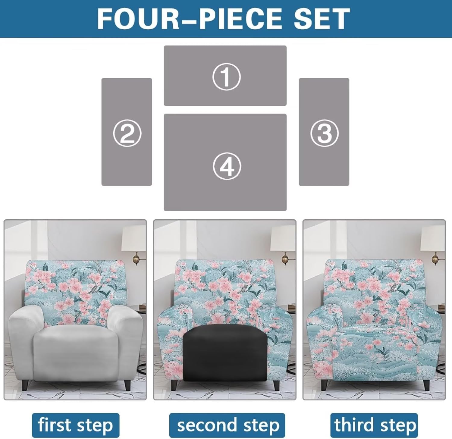 FOR U DESIGNS Floral Pink Blue Furniture Covers for Recliners 4-Pieces Stretch Slipcovers with Elastic Edges Pockets Easy Install Against Pets Scratch Proof