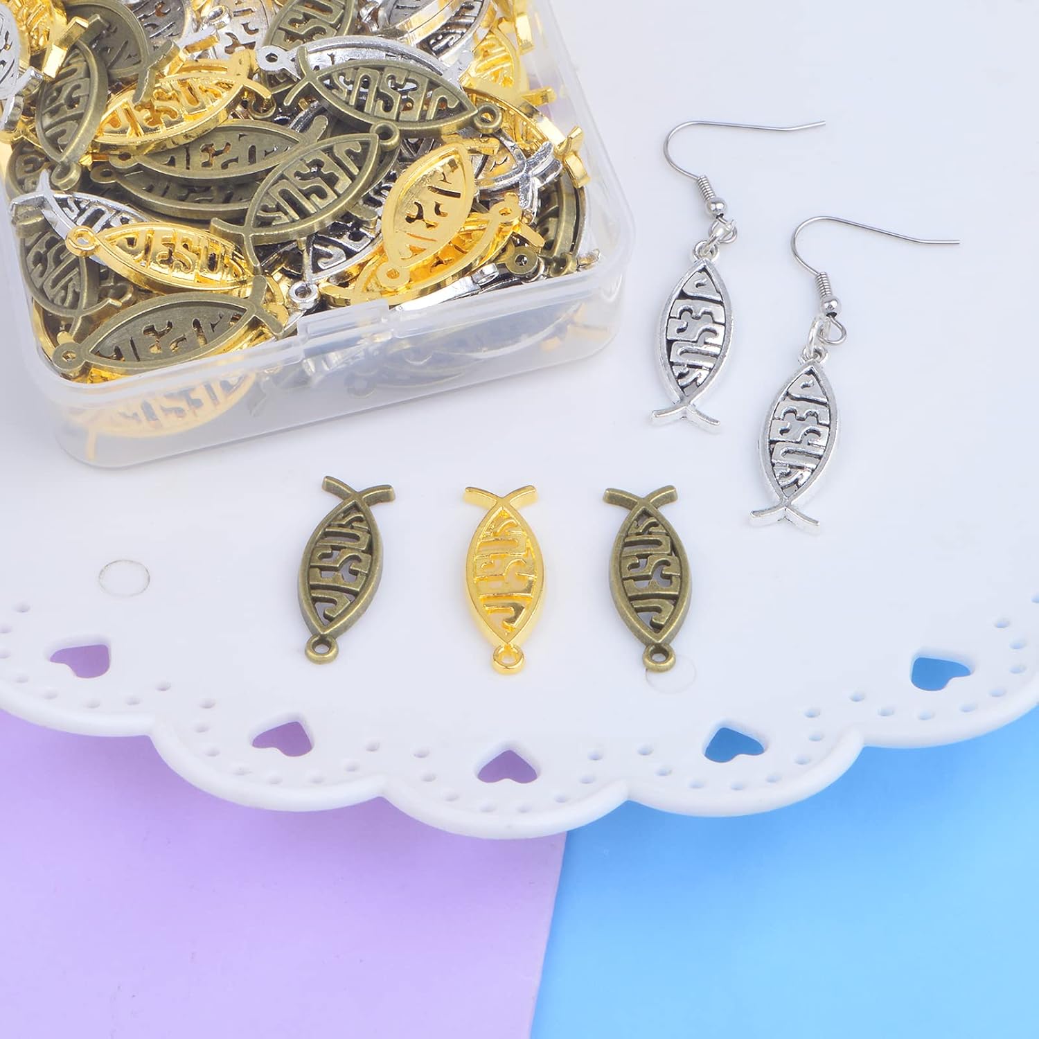 120pcs Vintage Hollow Jesus Fish Charms Tibetan Alloy Christian Fish Jesus Pendant Charms with A Plastic Box for DIY Bracelet Necklace Keychains Jewelry Making, 3 Colors - Image 7