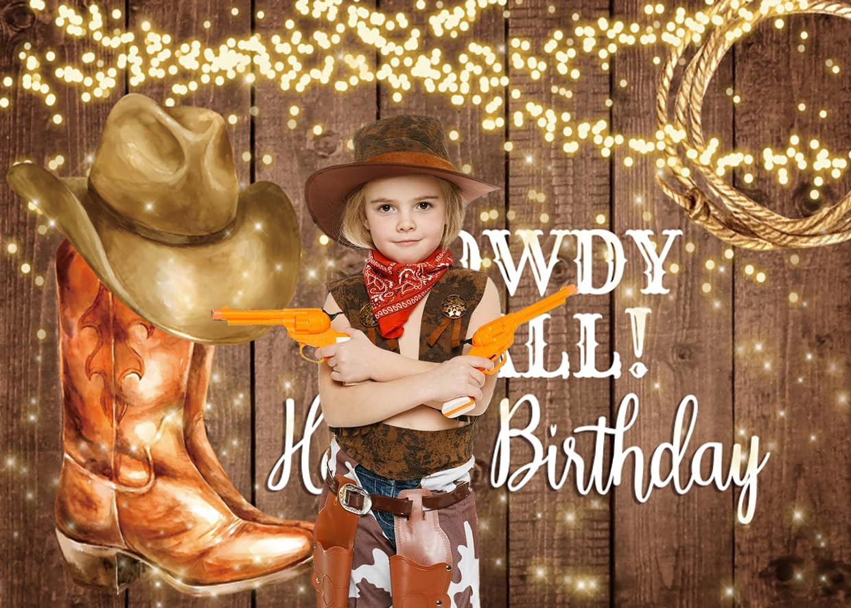 3.6x3m Sfondo Western Cowboy Happy Birthday Rustic West Rodeo Boots Pavimento in legno Fotografia di campagna Sfondo tema occidentale Decorazioni per feste di compleanno per bambini