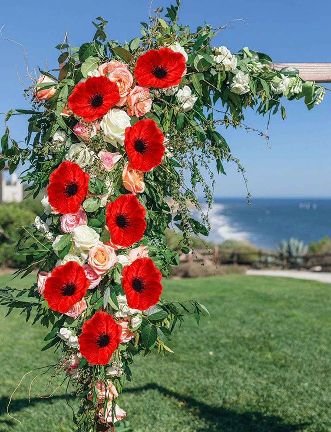 12 PCS 11" Artificial Anemone Flowers, PU Real Touch Fake Flowers for Wedding Memorial Day Table Centerpiece Home Kitchen - Red - Image 7