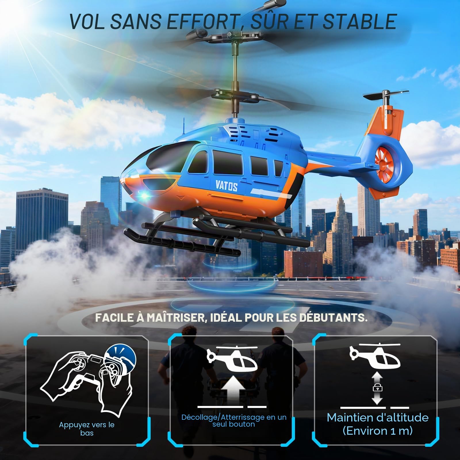 VATOS Hélicoptère RC 2.4G avec LED pour Enfants Débutants, Maintien d'Altitude, Démarrage à Une Touche, Cadeau Garçons 10+ Ans