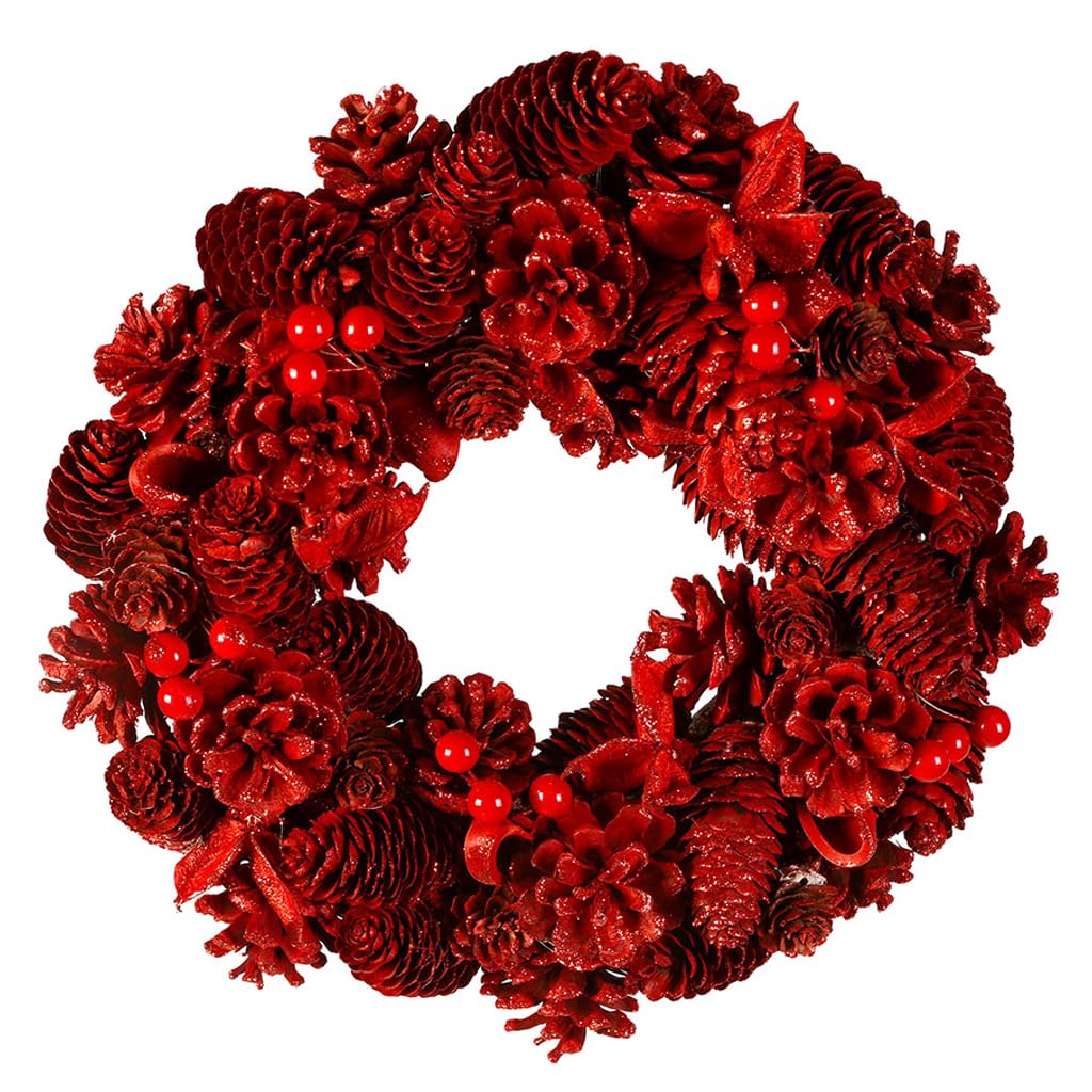 36cm Christmas Wreath Door Decoration Wooden Red Rose & Pine Cone Garland (CR38)