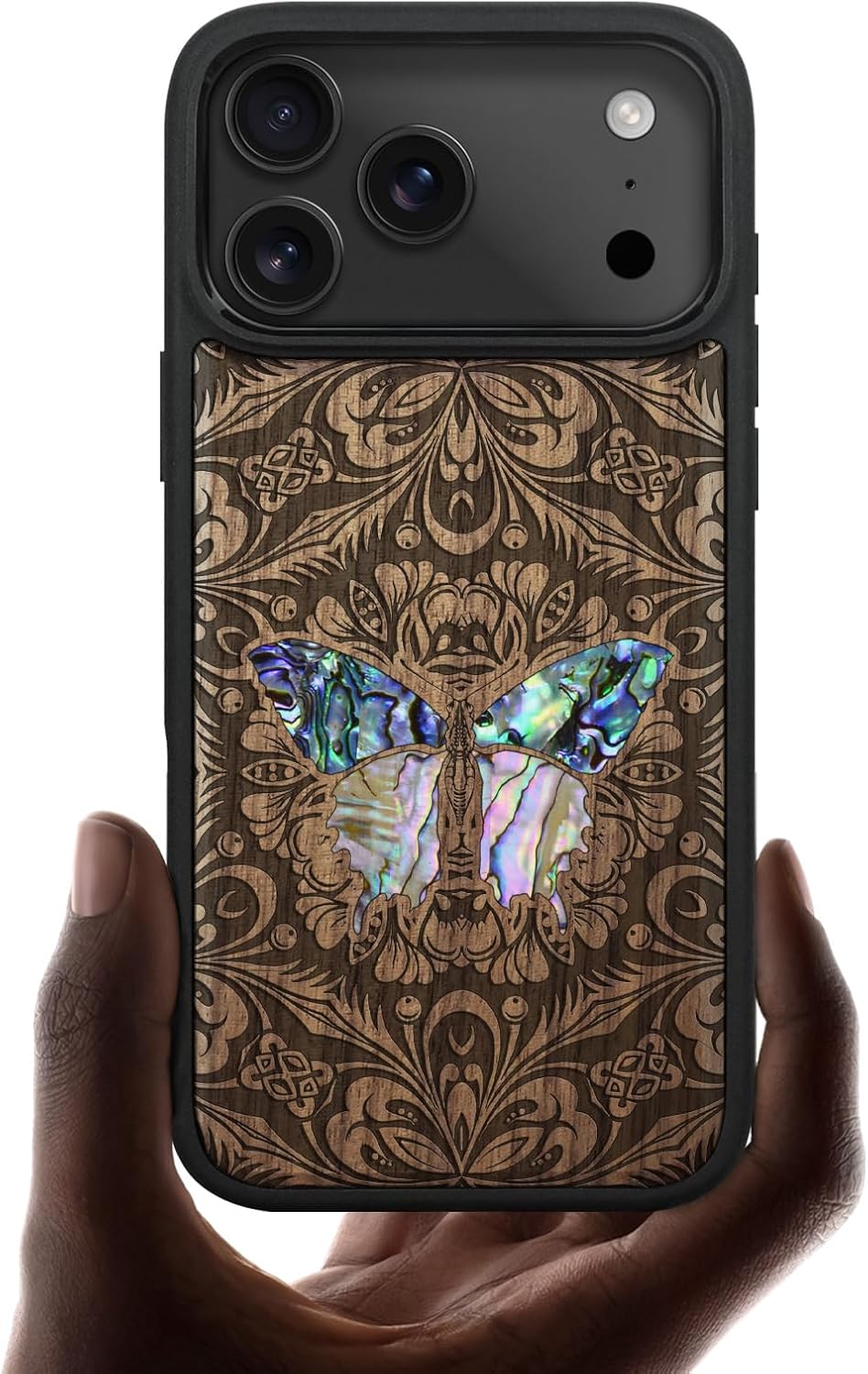 Carveit Magnetic Case for iPhone 17 Pro Max Case, Wood Artisan Engraved & Handmade Shell Inlaid, TPU Shockproof Cover, Compatible with MagSafe Wireless Chargers (Baroque Butterfly-Walnut)