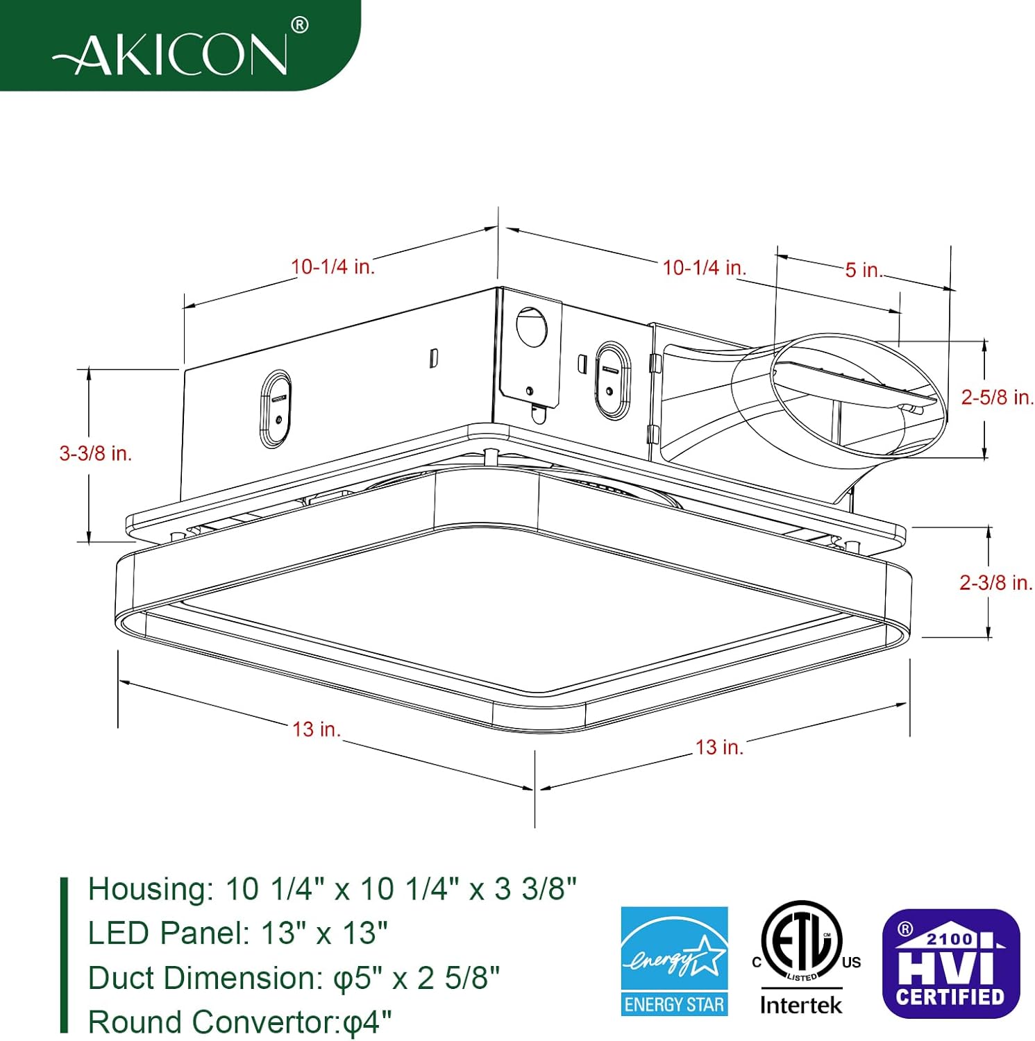 Akicon Bathroom Exhaust Fan with Light, 50-80-100 CFM DC Motor, 1.2 Sones Vent Fan, 3CCT LED Light 2700K/4000K/5500K with 7W Night Light Quiet Energy Saving Bathroom Ceiling Fan, Black.