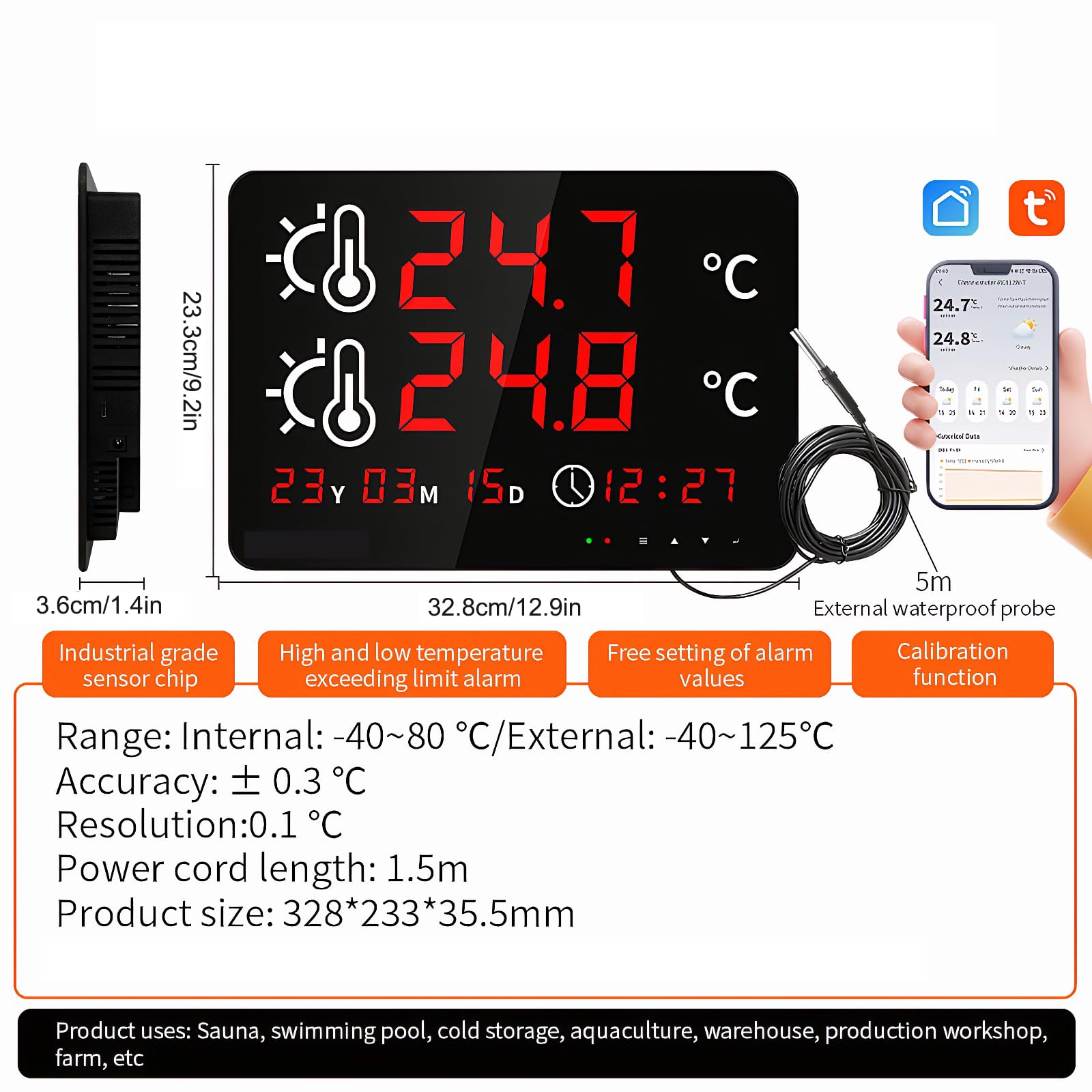Mengshen WiFi Termómetro Digital con Sonda Impermeable para Acuarios Piscinas y Peceras Con Pantalla Dual de Temperatura y fecha y Monitor Remoto Tuya APP