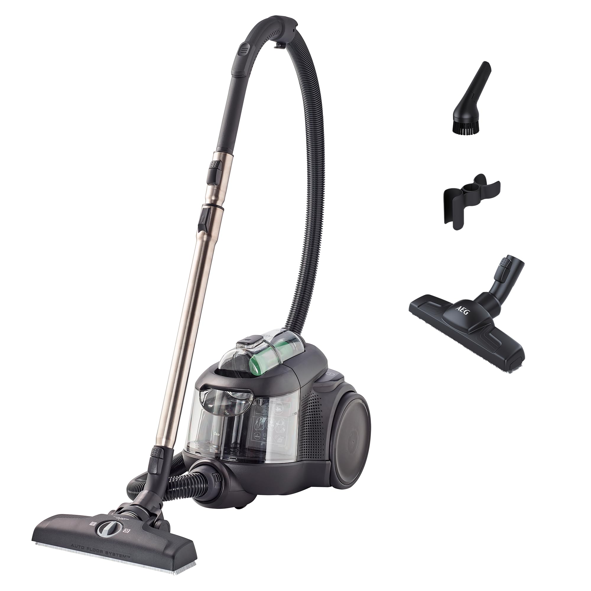 AEG CLEAN 6000 ÖKO Staubsauger beutellos, ETM Testsieger, 60 Prozent Recyclingmaterial, 550 W, Zusatzdüsen, Softräder, 74 dB(A), 12 m Aktionsradius, 1,6 l Staubbehälter, Schwarz, AL61C2ÖKO