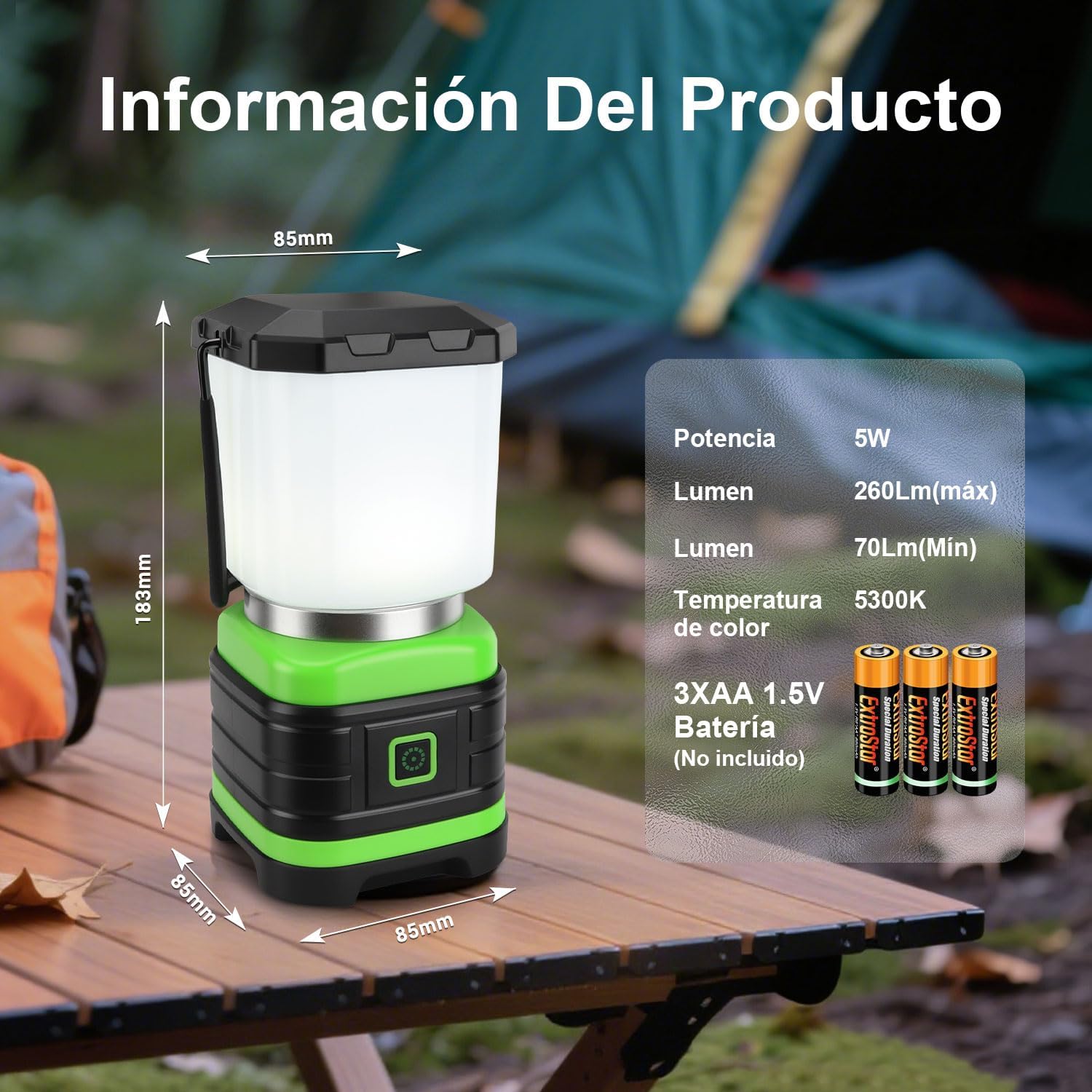 Product information graphic showing dimensions and key specifications