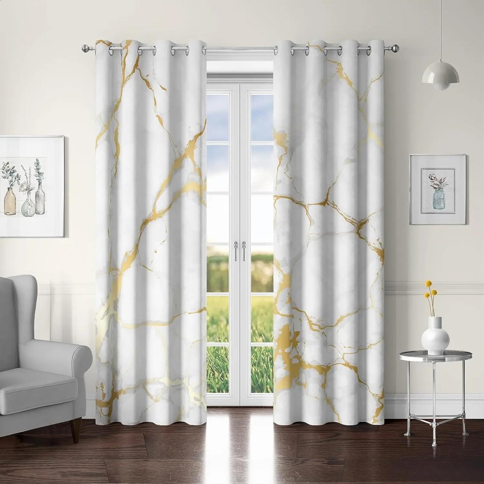 IKDZCM Marble Window Curtains White Gold Modern Abstract Texture Decor for Living Room Grommet Darkening Window Drapes 2 Panel WxH/2x55x72inch Curtains for Bedroom Black Out