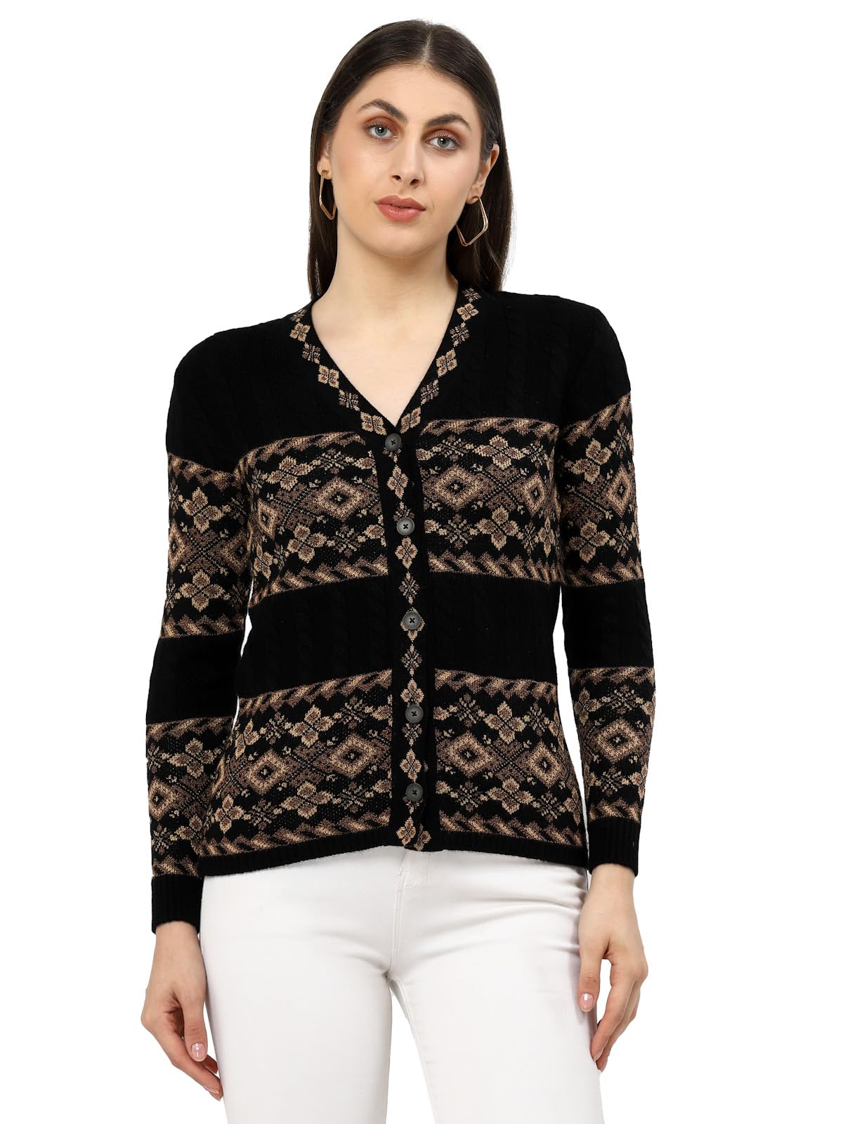Women Sweater for Winter Woolen Acrylic Full Sleeves V-Neck Jacquard Design Cardigan Sweater for Women Winter Woollen Stylish-image-8