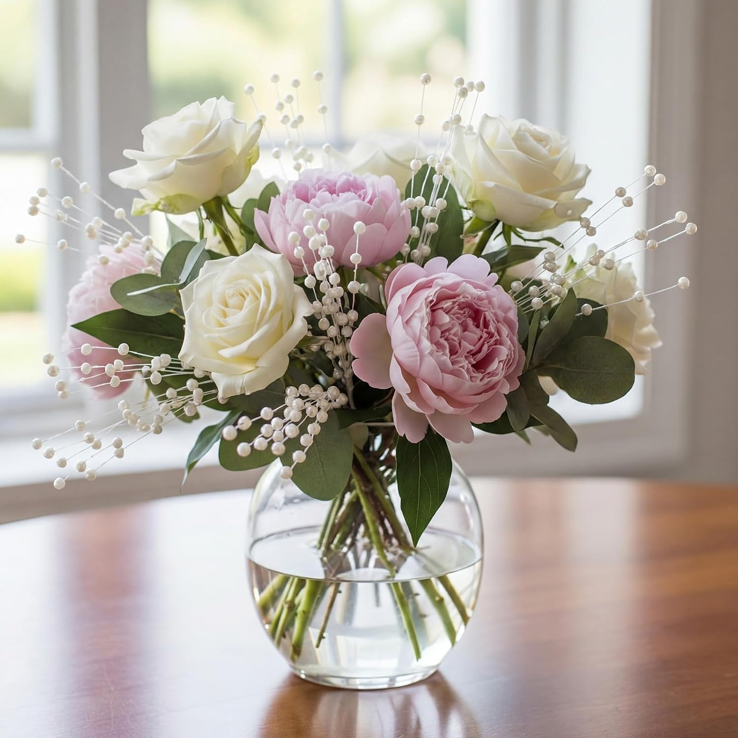 100pcs 9inch Pearl Stick Stems Bouquets Bridal Wedding Decoration Beaded Pearl Floral Picks Pearls String Garland Wedding Party Decoration DIY Accessories for Christmas