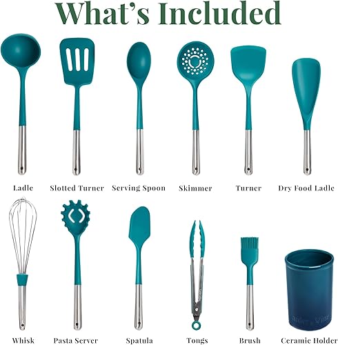 Miniatura 3 de Larder & Vine Juego de utensilios de cocina de silicona de 12 piezas con mango de acero inoxidable y soporte de cerámica, apto para lavavajillas