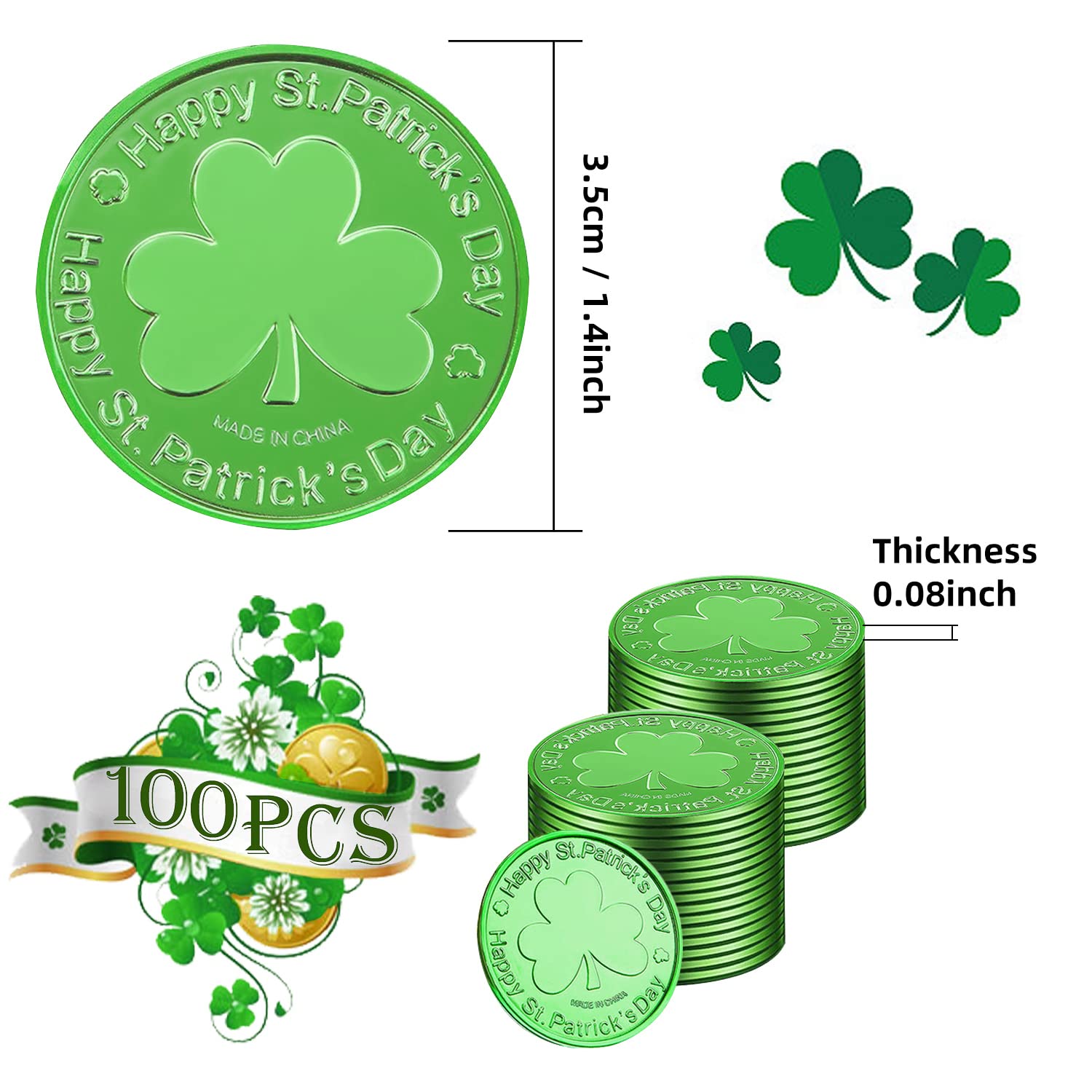 Amazon.com: Kreyfer 100 枚聖派翠克節硬幣- 綠色幸運硬幣塑膠三葉草小妖精硬幣,3 葉三葉草硬幣,適合派對裝飾禮物: 玩具和遊戲
