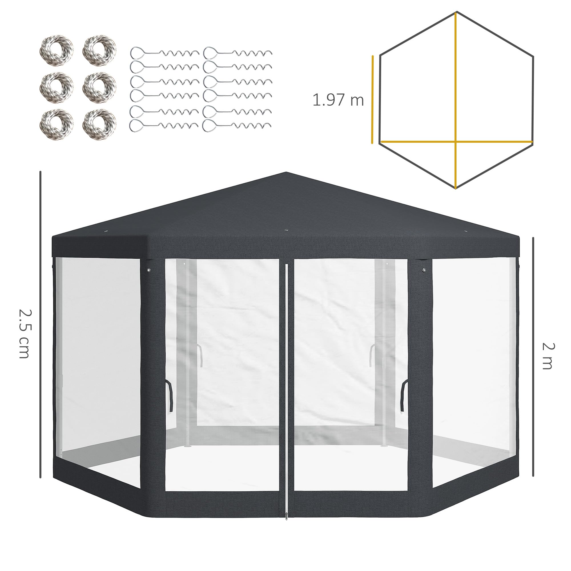 Outsunny 4M Hexagon Gazebo, Netting Party Tent, Patio Canopy Outdoor Event Shelter for Activities, Shade Resistant