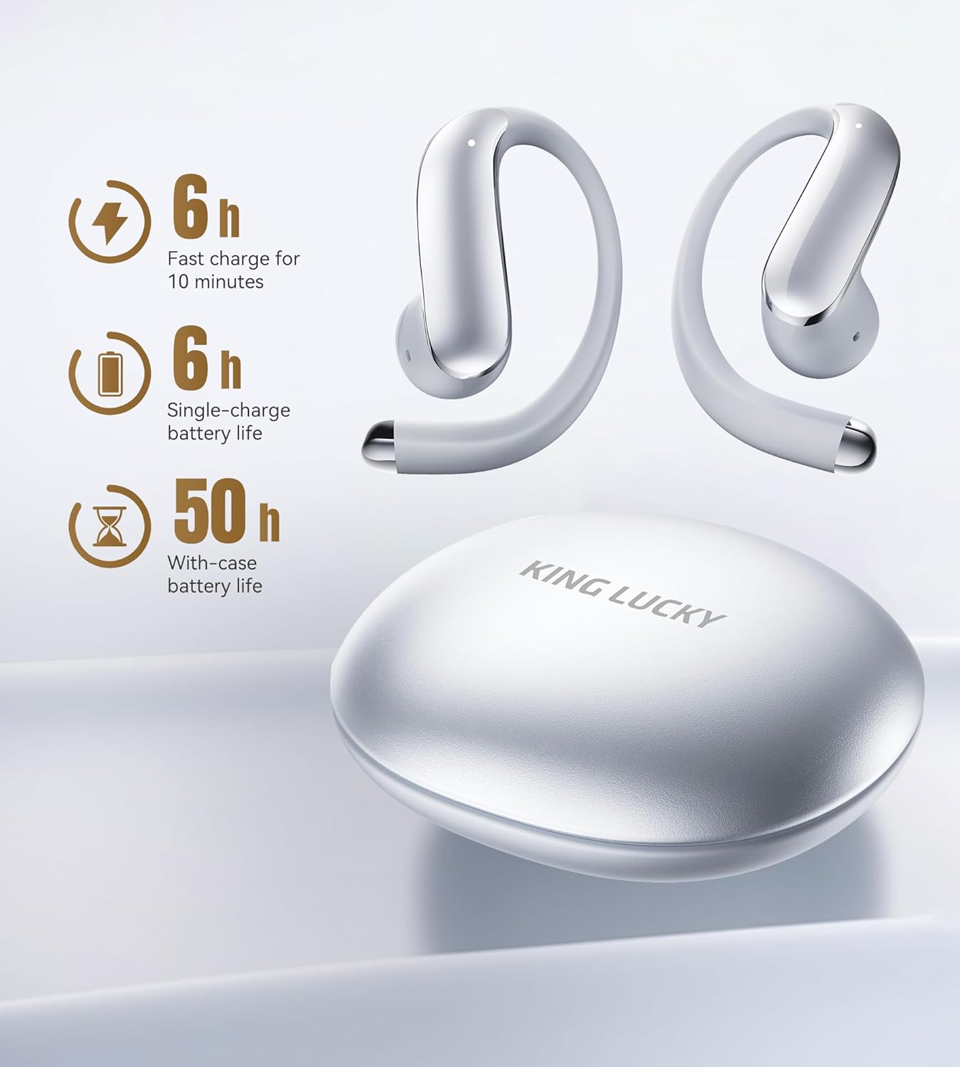 King Lucky Open Ear Headphones Wireless Bluetooth 6.0 Earbuds & Earphones,45H Playtime Comfortable Ear Hook with Mic,IPX5 Waterproof,Multipoint,Ideal for Workout,Running&Sport (Silver Gray) - Image 6