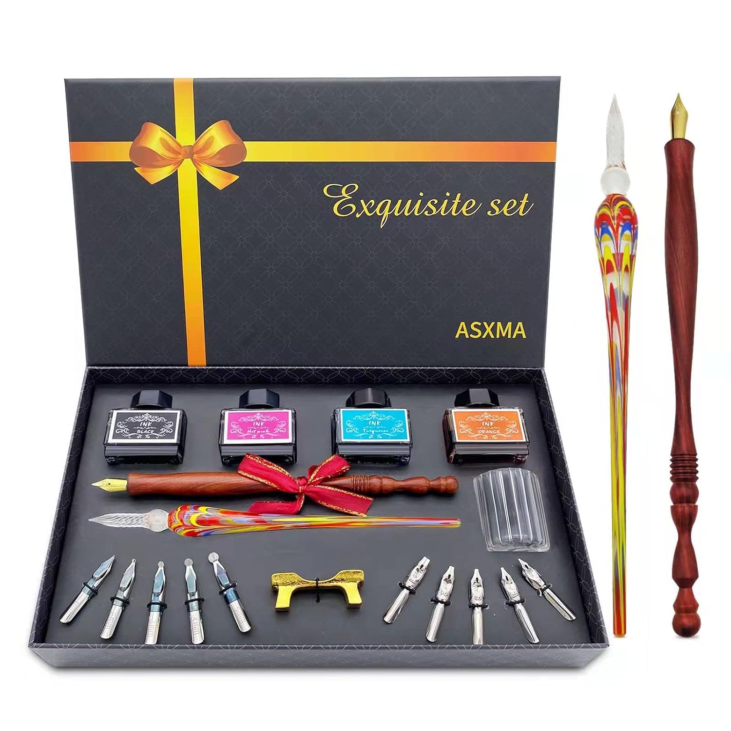 ASXMA Calligraphy Pens Gift Set – Personalized Caligraphy Pen Kits Calligraphy Set For Beginners&professional.glass dip pen Include Glass And Wooden Dip Pen,Pen Holder,Various Sizes Of Nibs Etc